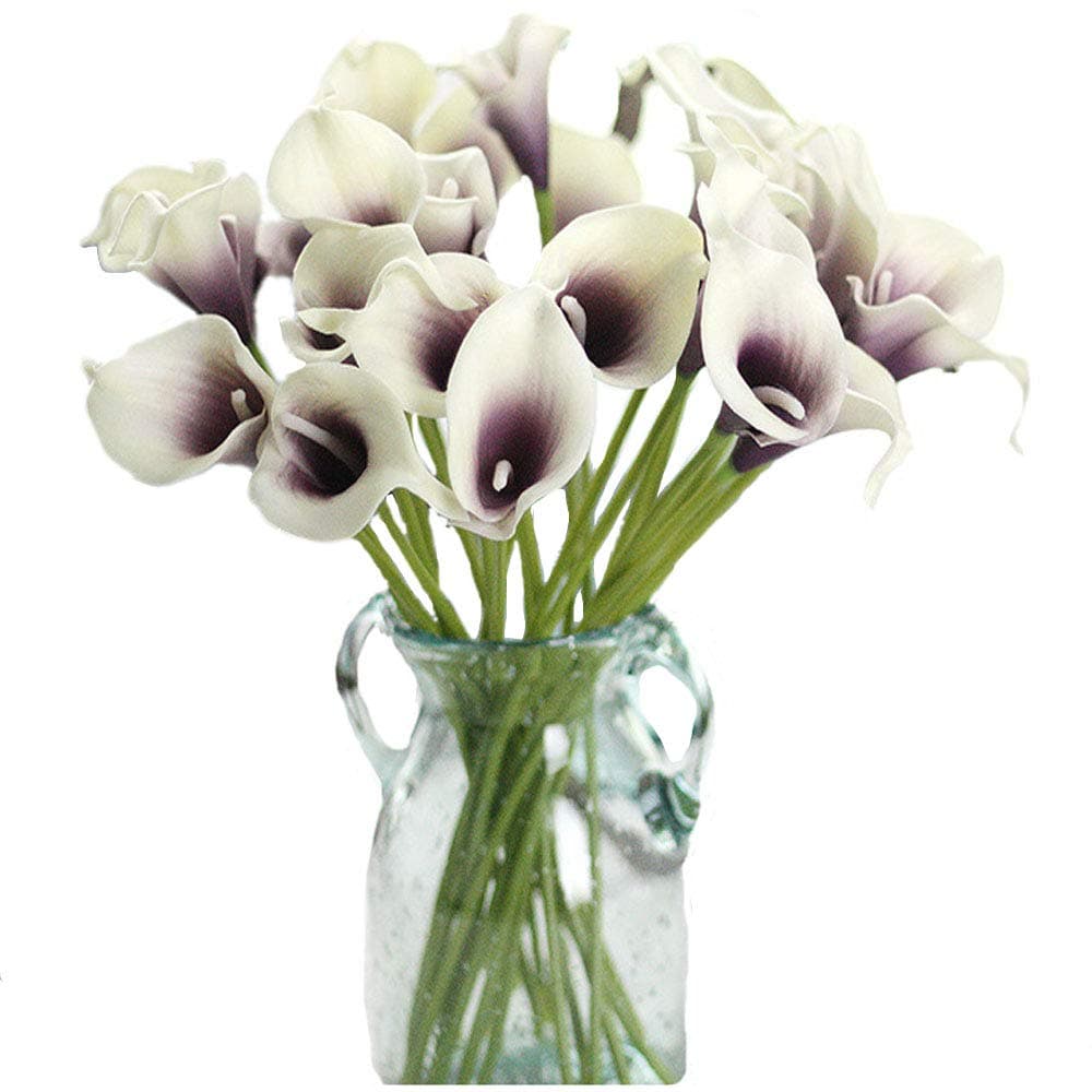 20 Pcs Artificial Flower Calla Lily Bridal Wedding Bouquet Lataex Bouquets 14.17" for Home Party Decor（Deep Purple）