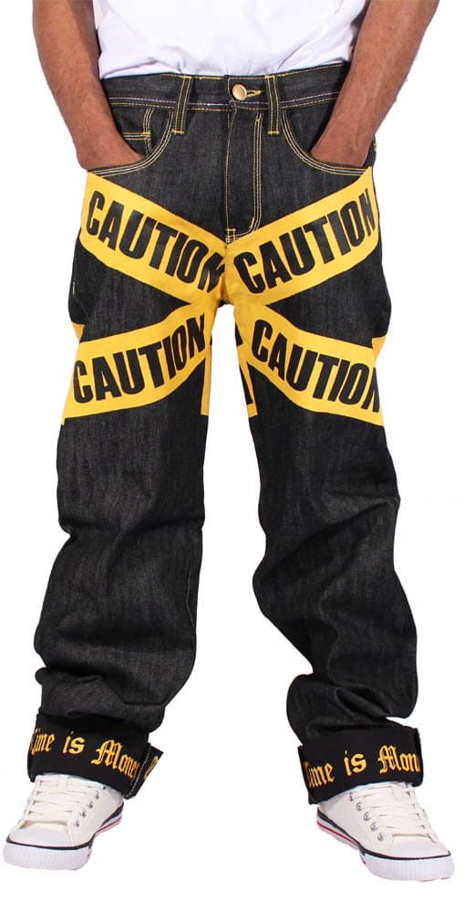 TIME IS MONEY Men's Caution Baggy Loose Fit Jeans