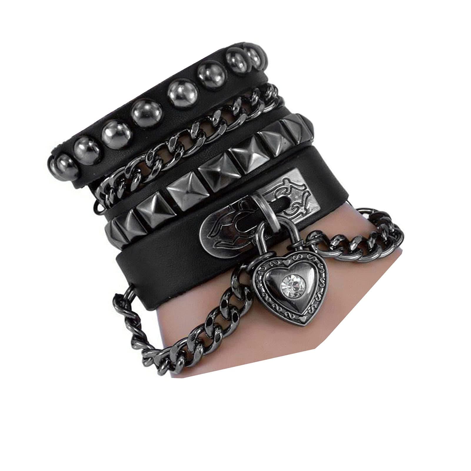 Rivet Bracelet Multilayer Black Leather Cuff Heart Pendant Bangle Studded Chain Wrist Punk Sports Rock Bracelet Adjustable