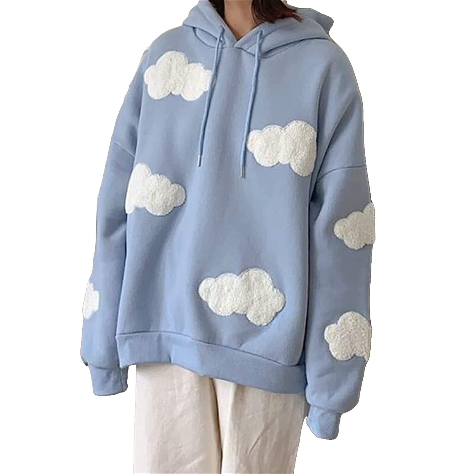 ZzpleZzple Kawaii Hoodie Women's Harajuku Wind Loose Cloud Sweater Kawaii Vintage Loose Knitted Sweater Pullover (Color : Blue, Size : X-Large)