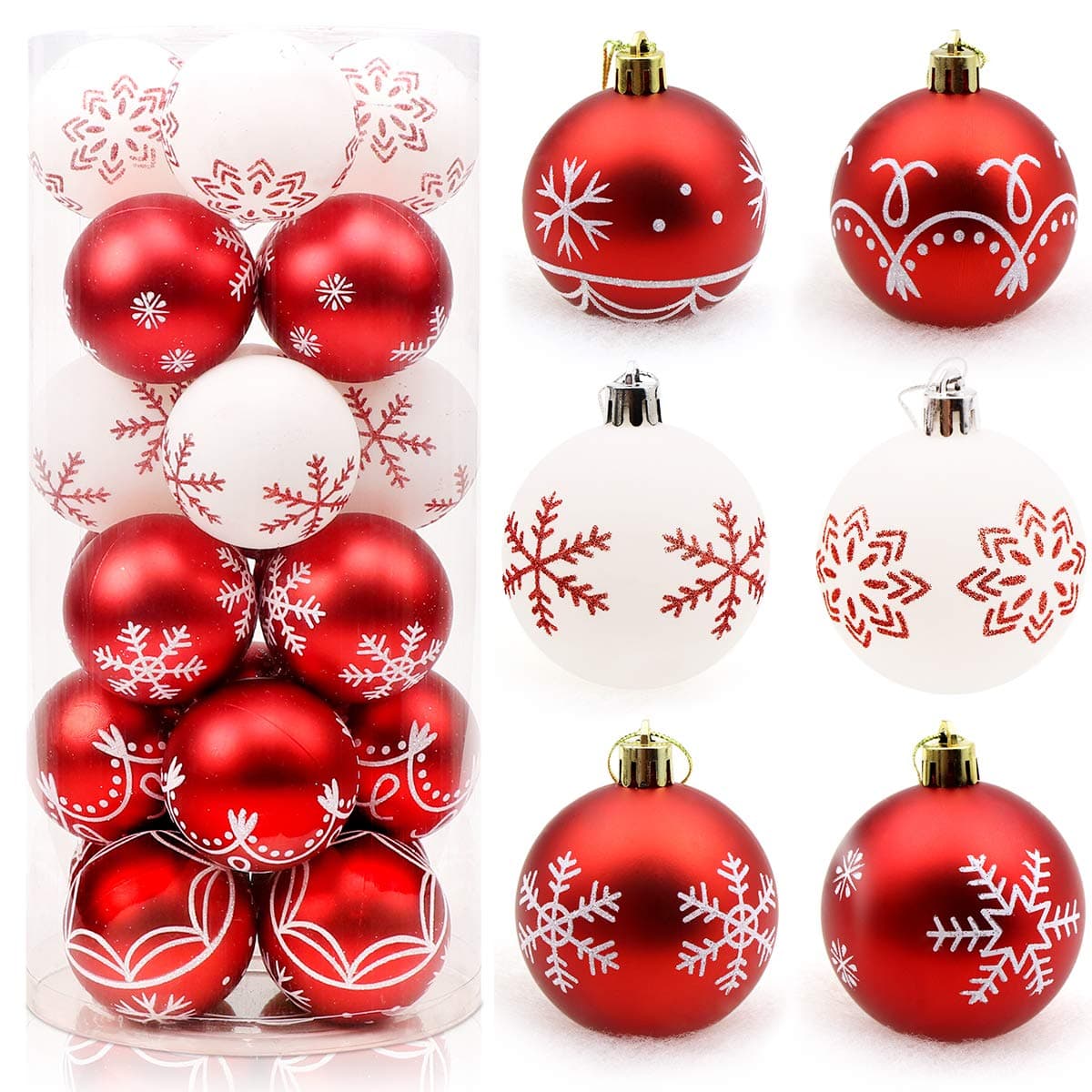 Linko Christmas Baubles Ornaments Set 2.4Inch/6cm, 24PCS Theme Painting & Glittering Christmas Balls in Red and White, Plastic Shatterproof Christmas Tree Baubles for Christmas Tree Decoration