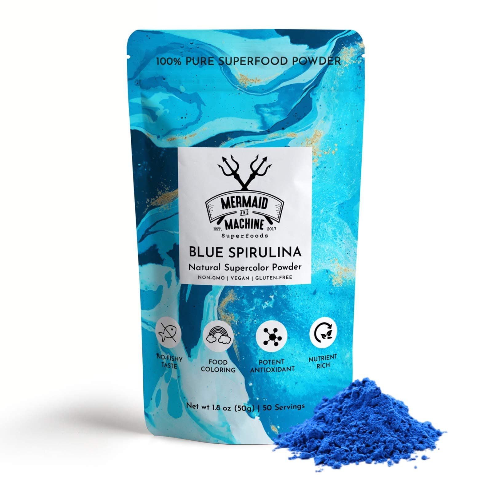 Non-GMO Blue Spirulina Superfood Powder - 100% Natural & Nutritious Blue Food Coloring – Powerful Vegan Antioxidant with No-Fishy Taste, Perfect in Smoothies & Baking |1.8 oz (50 g) | 50 Servings