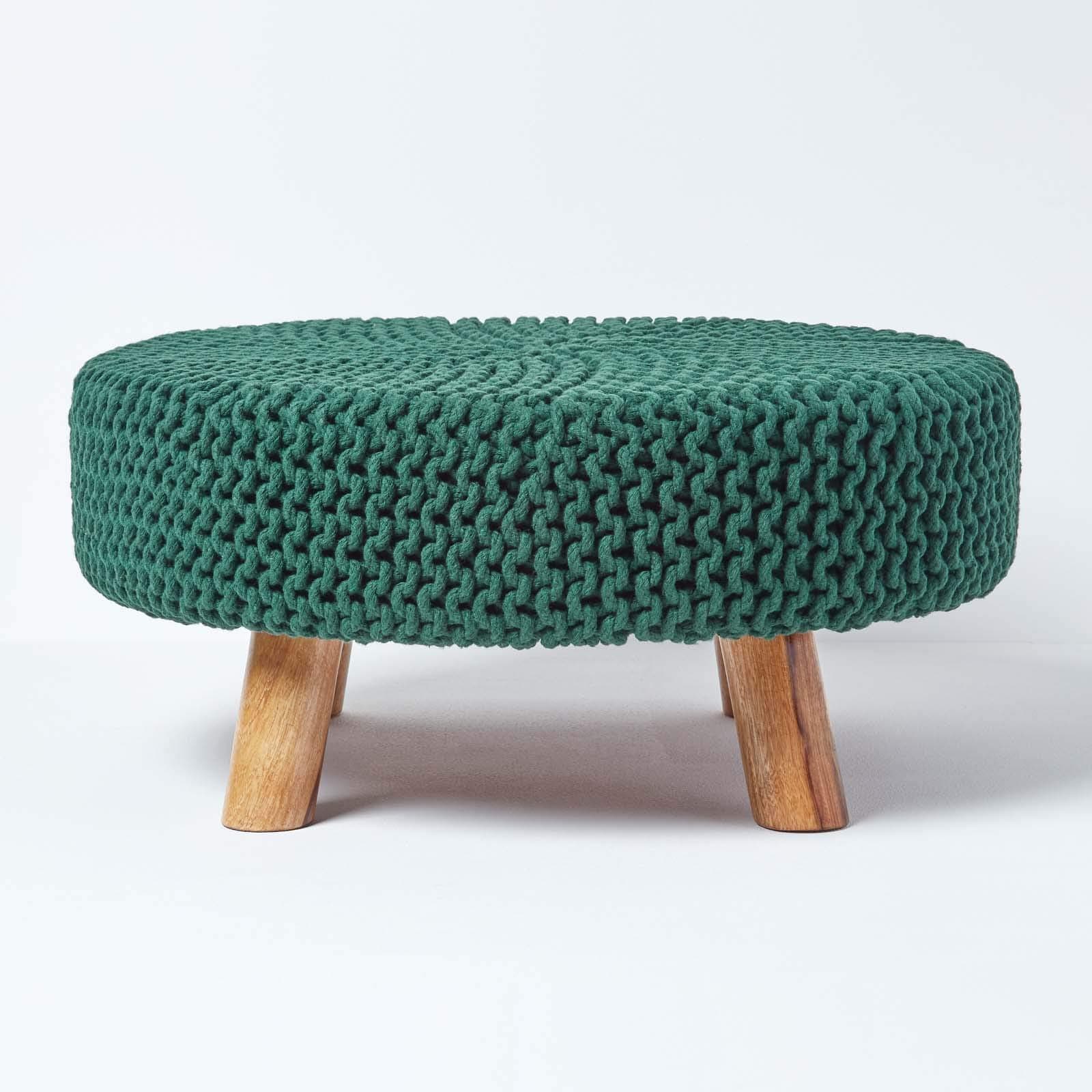 HOMESCAPES Forest Green Knitted Pouffe Footstool Occasional Seat 100% Cotton for Living Room Children or the Elderly