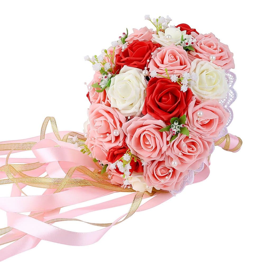 Febou Wedding Bridal Bouquet, Wedding Bride Bouquet, Wedding Holding Bouquet with Artificial Roses Lace Pearl Ribbon, Perfect for Wedding, Church, Party and Home Decor(Long Ribbon, White+Red+Pink)