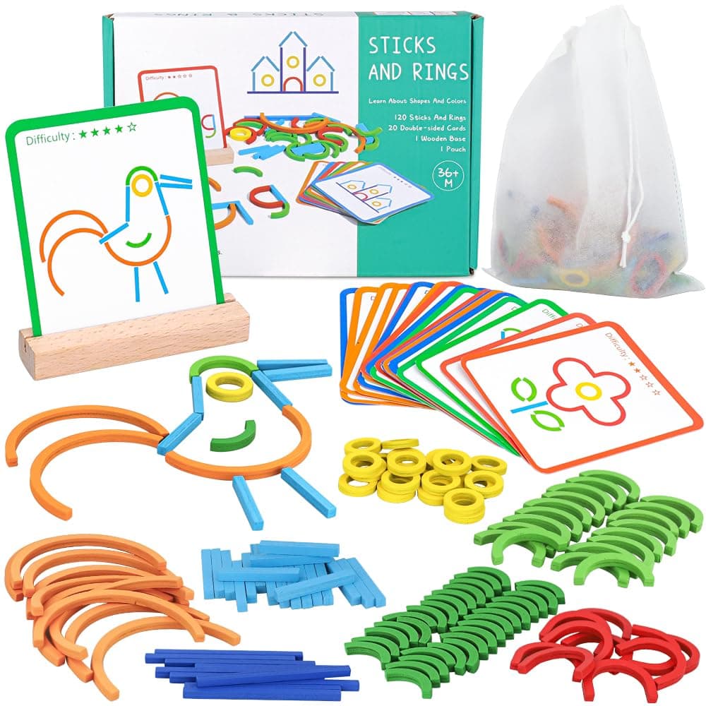 Wooden Creative Stem Sticks & Rings Toys for Kids 3+ Montessori Matching Puzzle Toy Building Educational Resources Toys for Preschool Kindergarten Boys Girls