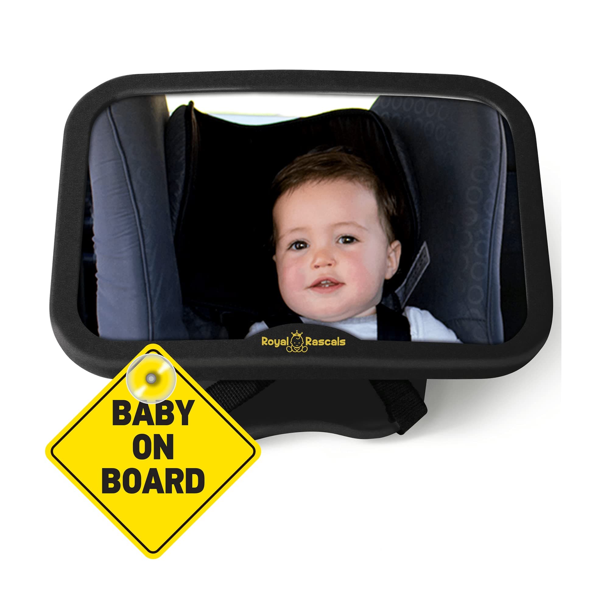 ROYAL RASCALS Baby Car Mirror for Back Seat - Free Baby on Board Sign - Shatterproof Baby Mirror for Car - Rear View Baby Car Seat Mirror to See Rear Facing Infants and Babies