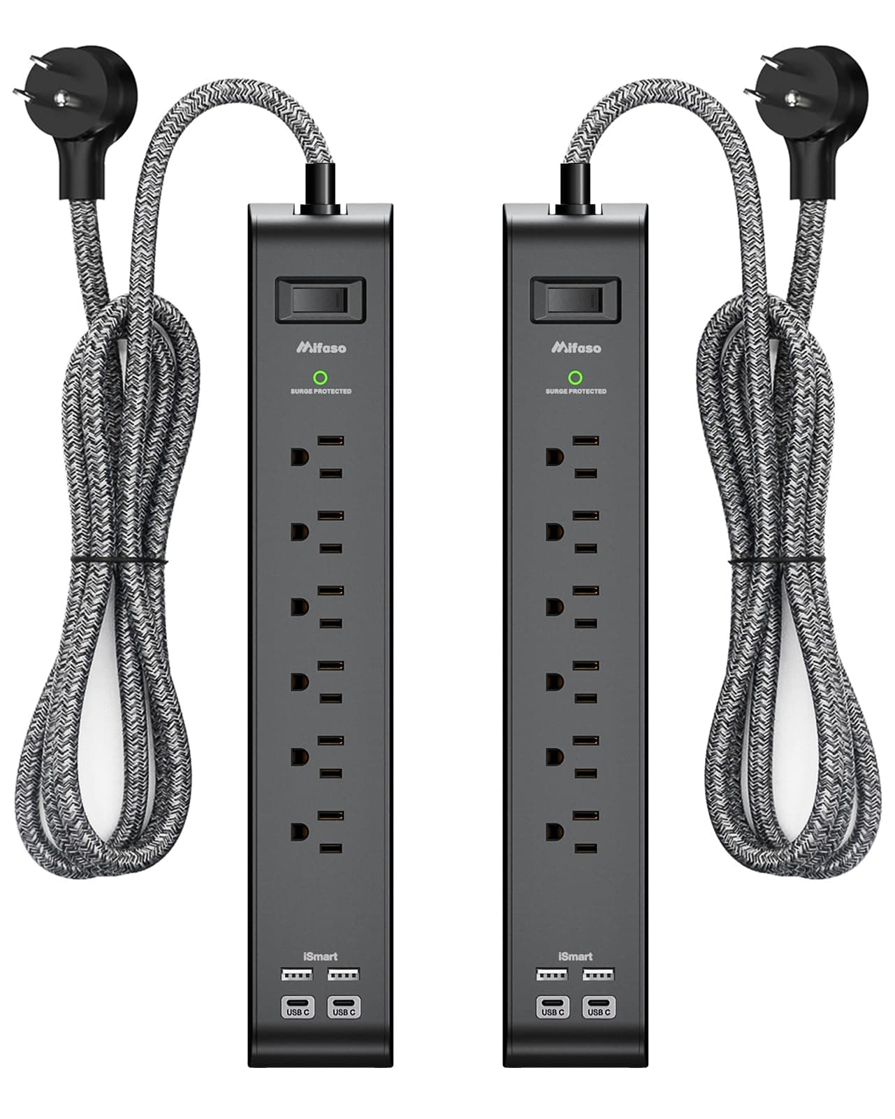 2 Pack Surge Protector Power Strip with 6 Outlets 4 USB Ports 5-Foot Long Heavy-Duty Braided Extension Cords Flat Plug 900 Joules 15A Circuit Breaker Wall Mount for Home Office ETL Listed