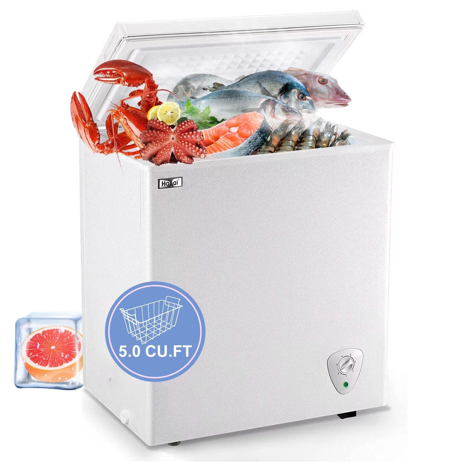 Chest Freezer Deep Freezer 5.0 Cu.Ft Mini Freezer White Free-Standing Top Door Adjustable 7 Thermostat and Removable Basket Open Deep Freezer Energy Saving Garage Basement Apartment Kitchen