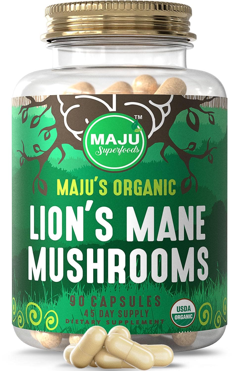 Maju Superfoods Organic Lions Mane Mushroom Capsules 90ct, Fruiting Bodies Steam Extract, Organic Mushrooms with Black Pepper Extract, Hericium Erinaceus