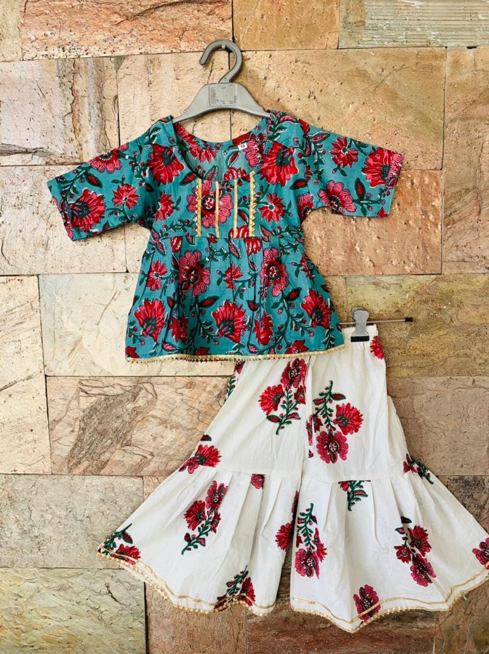 Lalabuy Mughal Print Turkish Blue Peplum Top - Sharara Set for Girls (5-6 Years)