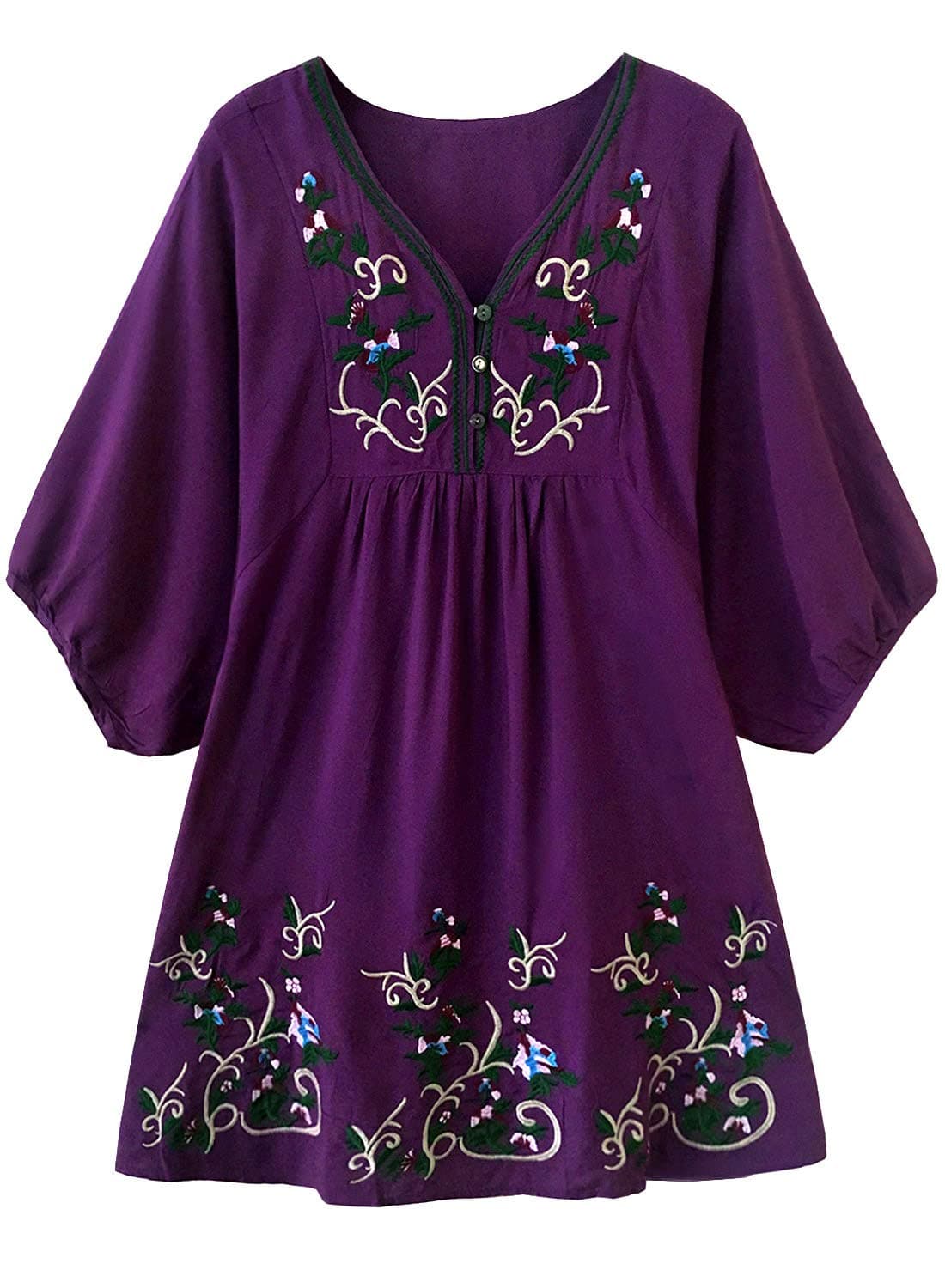 Women's Floral Embriodery Mexican Tunic Shift Bohemian Mini Blouse Dress (M, Flower Purple)