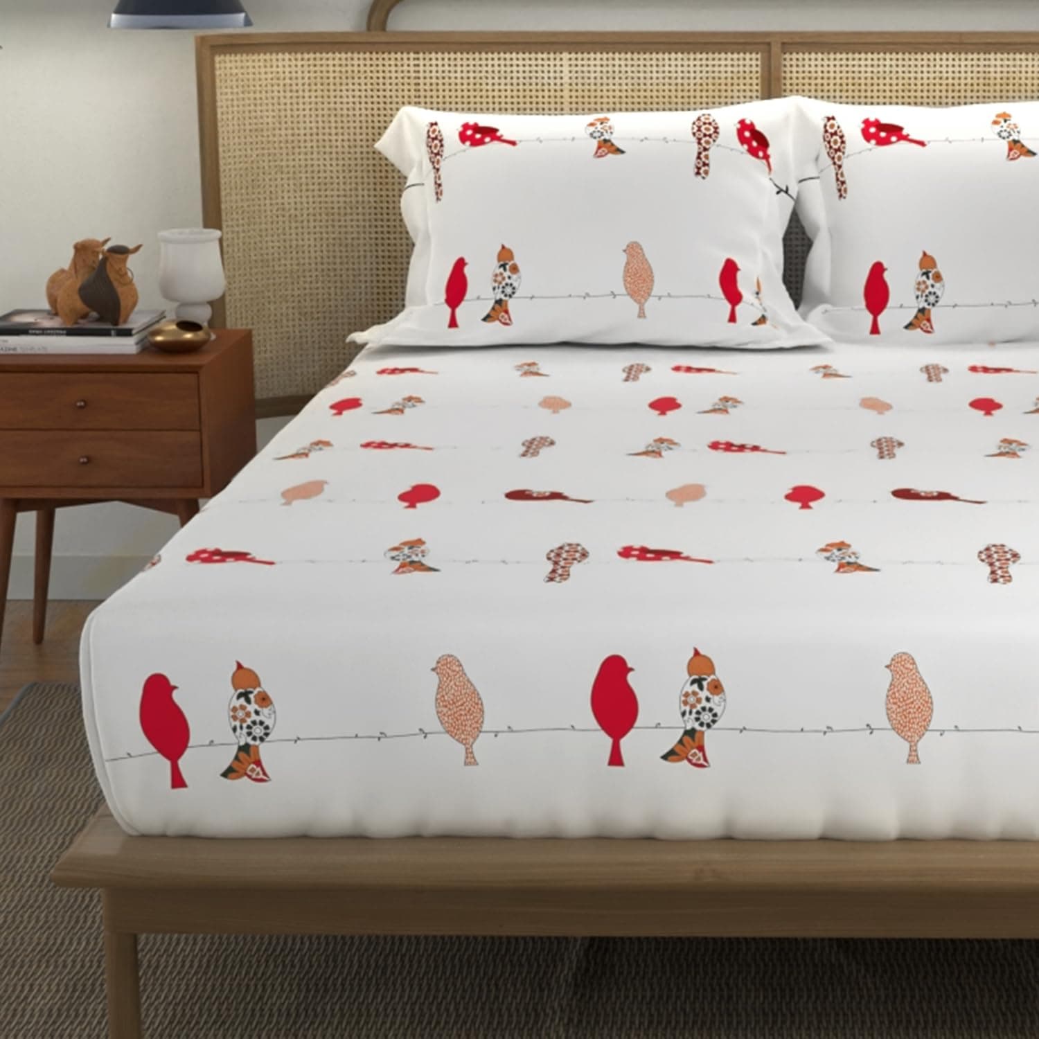Urban Space Divine Collection 144 TC 100% Cotton King Bedsheet with 2 Pillow Covers, Humming Bird Red