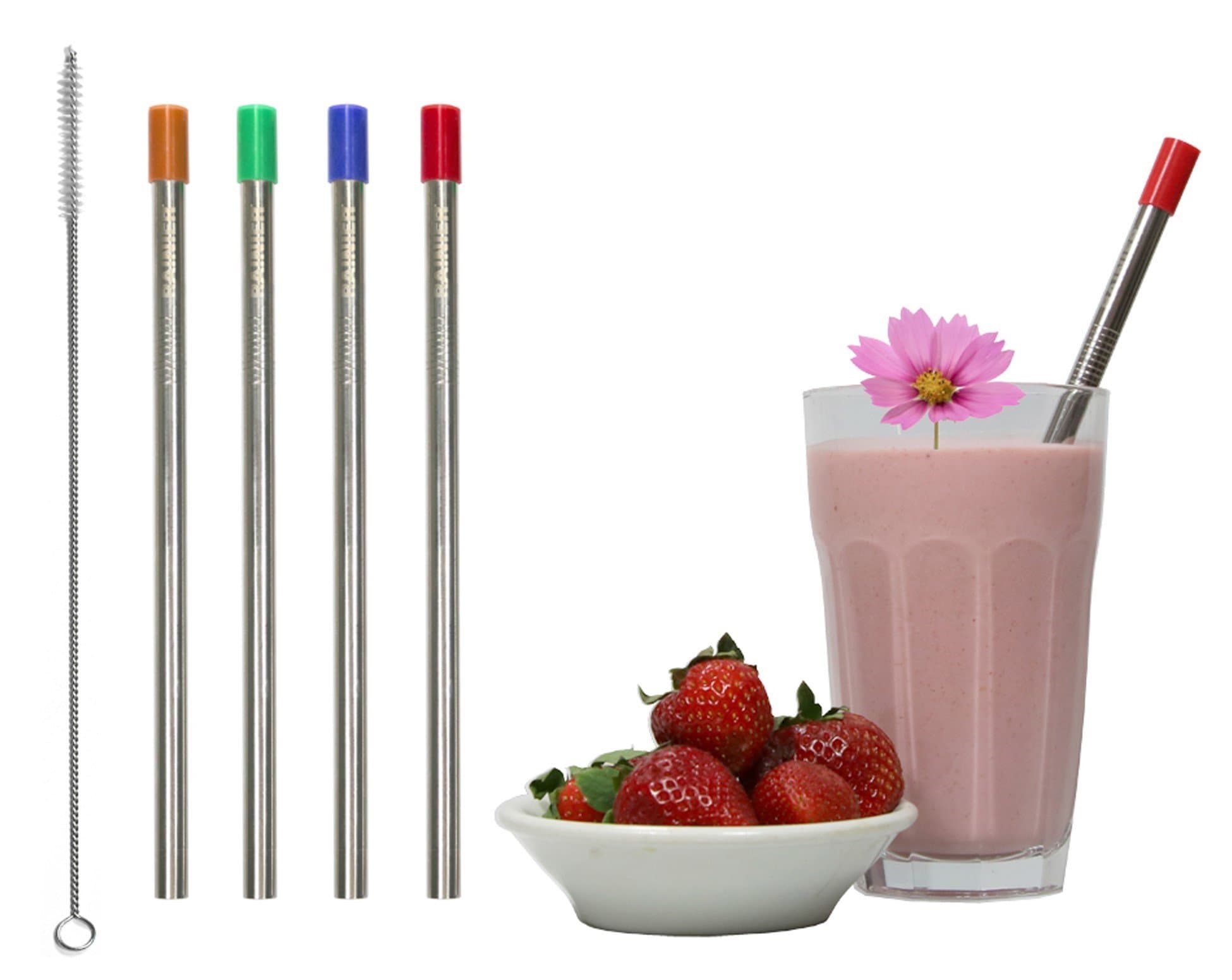 RAINIER Smoothie Drinking Straws | Extra Wide Reusable Stainless Steel Metal | Jumbo Size for Thick, Chunky, Frozen Drinks & Boba Tea | Set of 4 with Comfort Tips, Cleaning Brush (Straight, 3/8Wx8.5L)