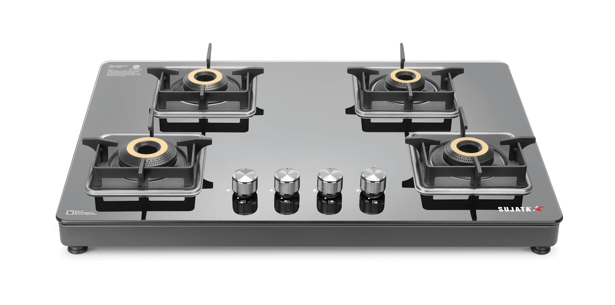 Sujata 4 Burner Gas Stove Glass Top | 9 Years Warranty | Premium Gas Stove with Jumbo Brass Burners | SABAF Technology | ISI Certified | LPG & PNG Compatible | 360° Rotating Brass Nozzle (Black)