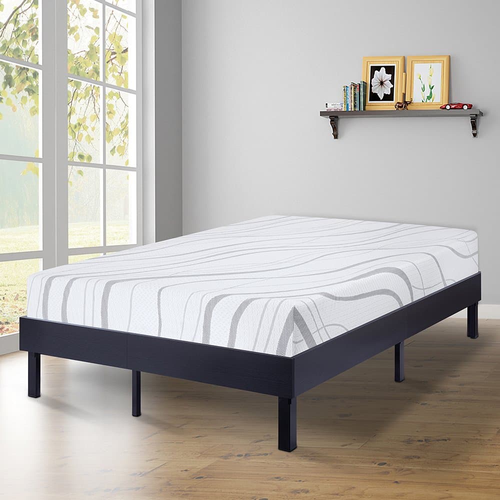 14 Inch Modern Wood Platform Bed Frame / Steel Slat support, Classic Black, Queen