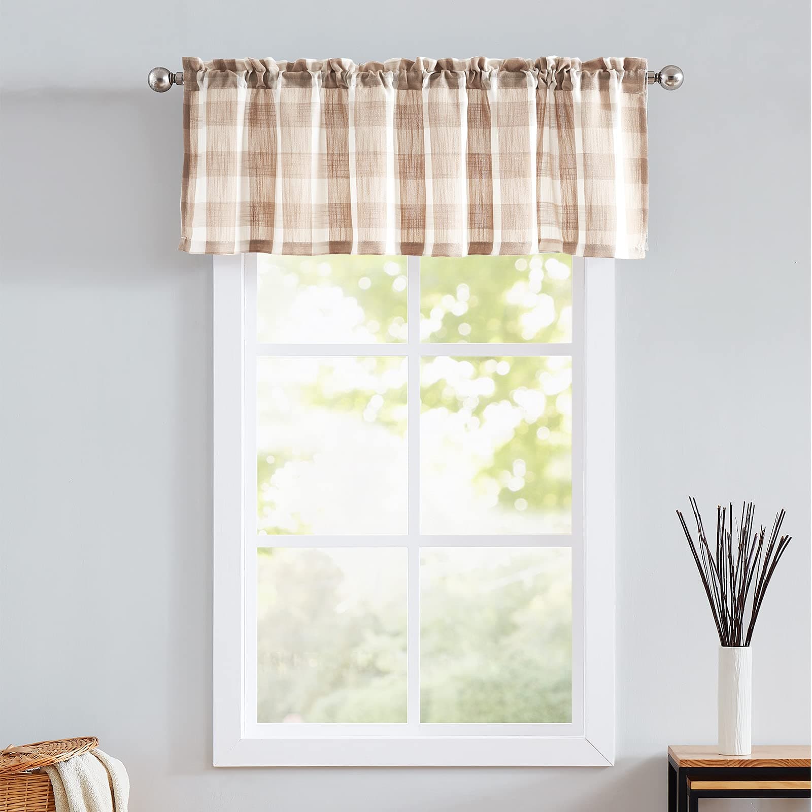 Treatmentex Buffalo Check Kitchen Valance Curtains for Living Room Taupe and White Farmhouse Check Plaid Window Valance for Bathroom 52" W X 15inch 1 Panel