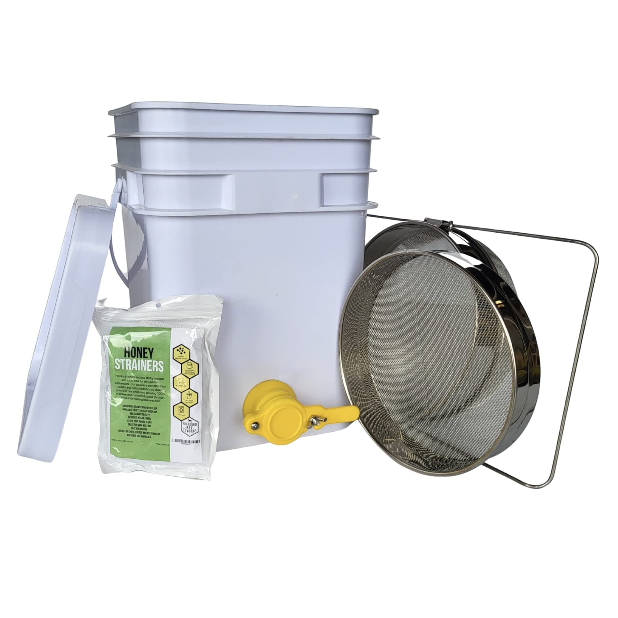 5 Gallon Beekeeping Honey Bucket Made with Food Grade Transparent Plastic, Bottling Valve, Stainless Steel Double Honey Strainer with Coarse and Fine Metal Filter, and Two Adjustable Mesh Strainers