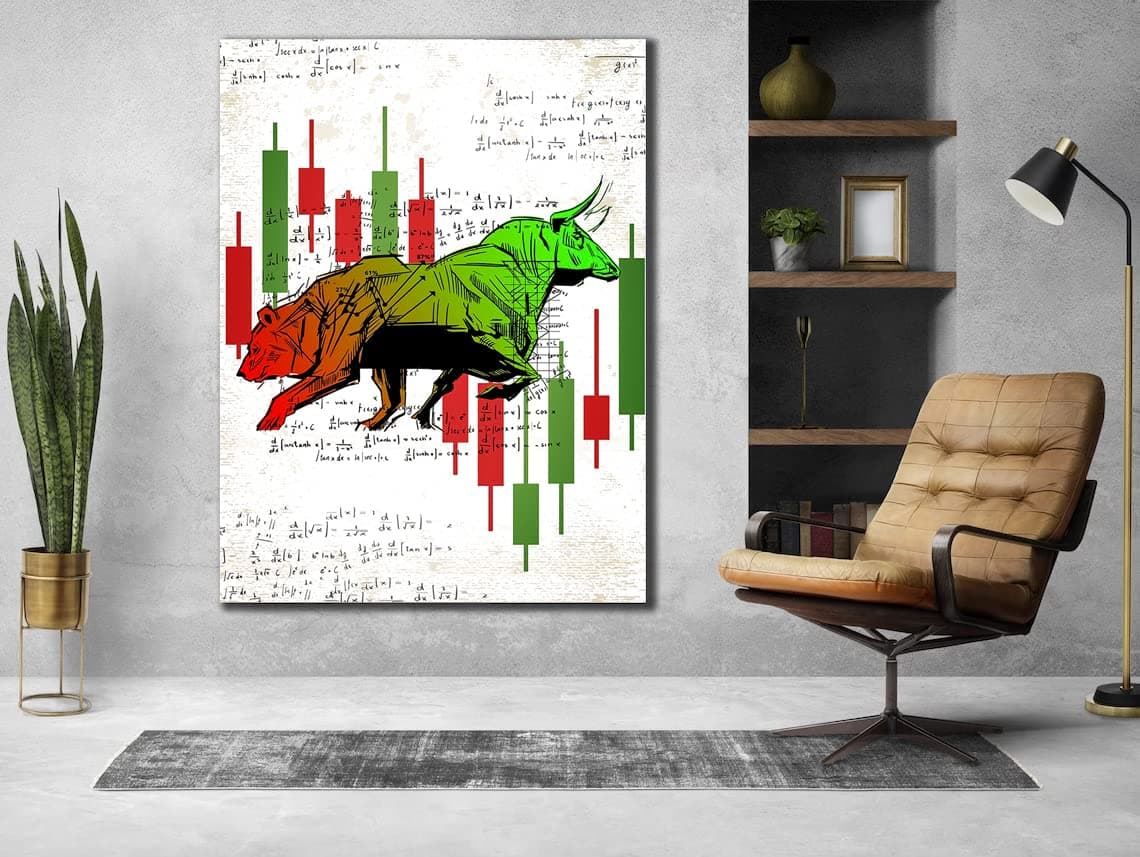 VERRE ART Printed Framed Canvas Painting for Home Decor Office Wall Studio Wall Living Room Decoration (45x60inch Wrapped) - Bears Vs Bulls Traders
