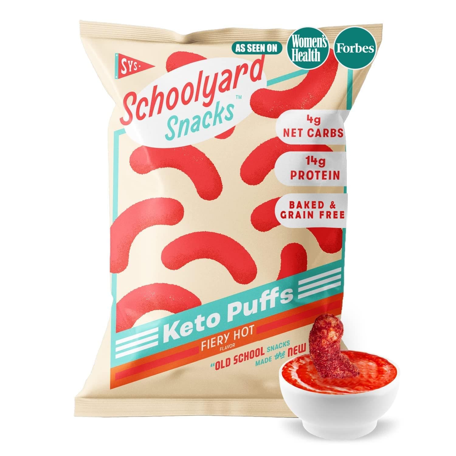 Schoolyard Snacks Keto Fiery Hot Cheese Puffs - High Protein - All Natural - Gluten & Grain-Free - Healthy Chips - Low Carb - Low Calorie Food - USA Made, 12 Pack Single Serve Bags - 100 Calories