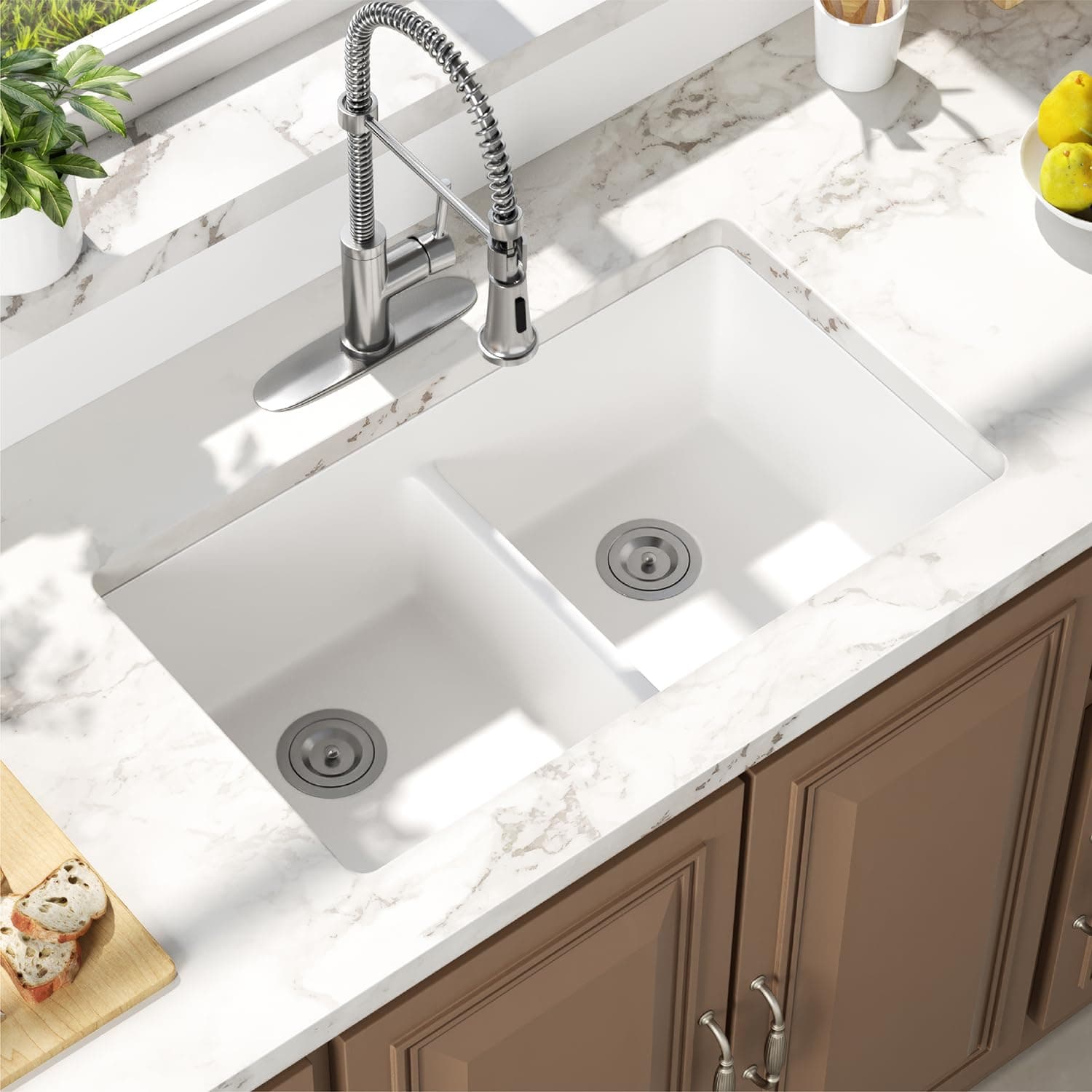 Enbol 31 Inch White Quartz Granite Composite Kitchen Sink - Durable Undermount Double Bowl, Scratch & Stain Resistant, Easy to Clean, Model 3118-W