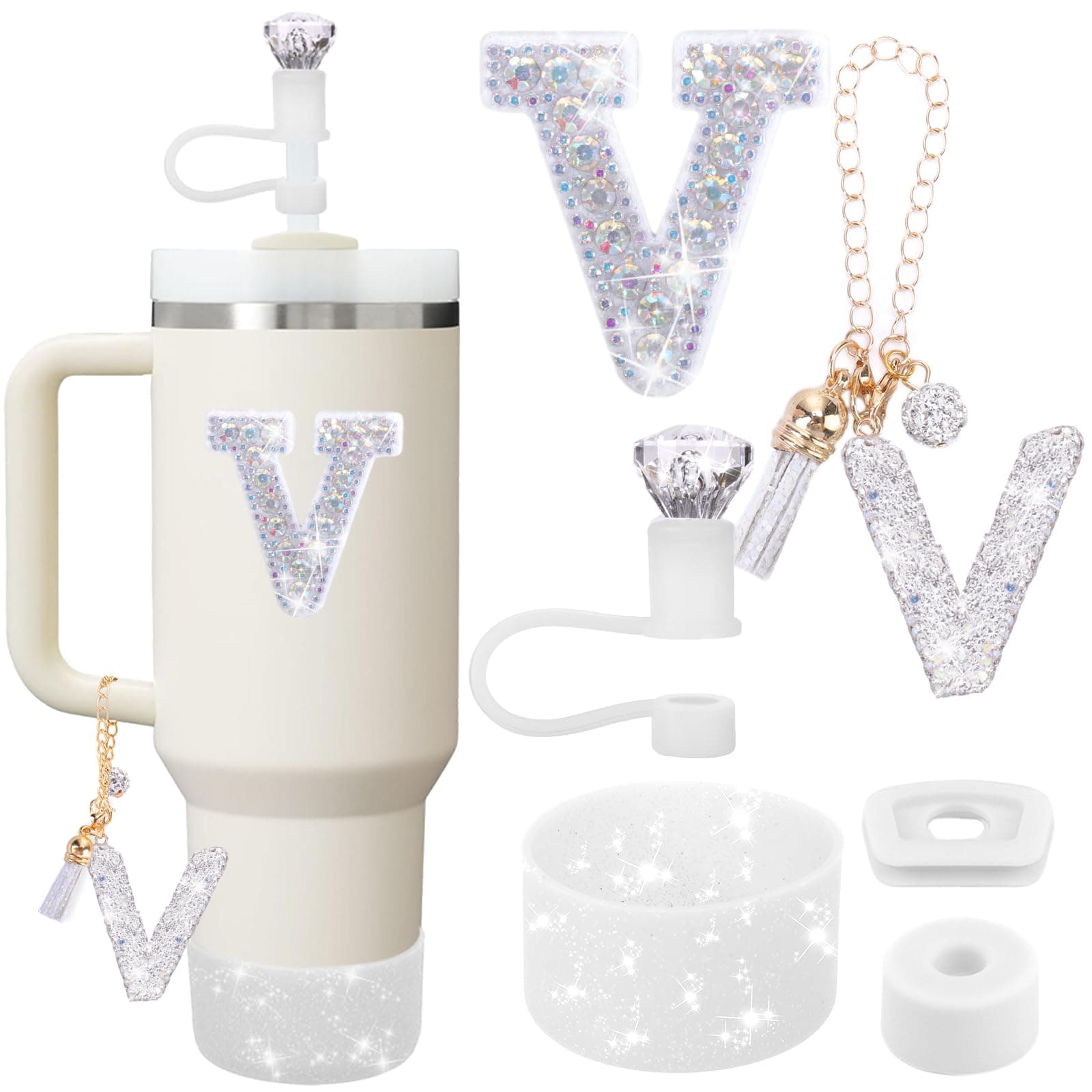Mity rain Accessories Set for Stanley Cup, Initials Decorations for Tumbler Cup 30/40OZ, Including Diamond Straw Topper/Spill Proof Stopper/Sparkly Silicone Boot Set/Letter Charms for Handle A-Z (V)