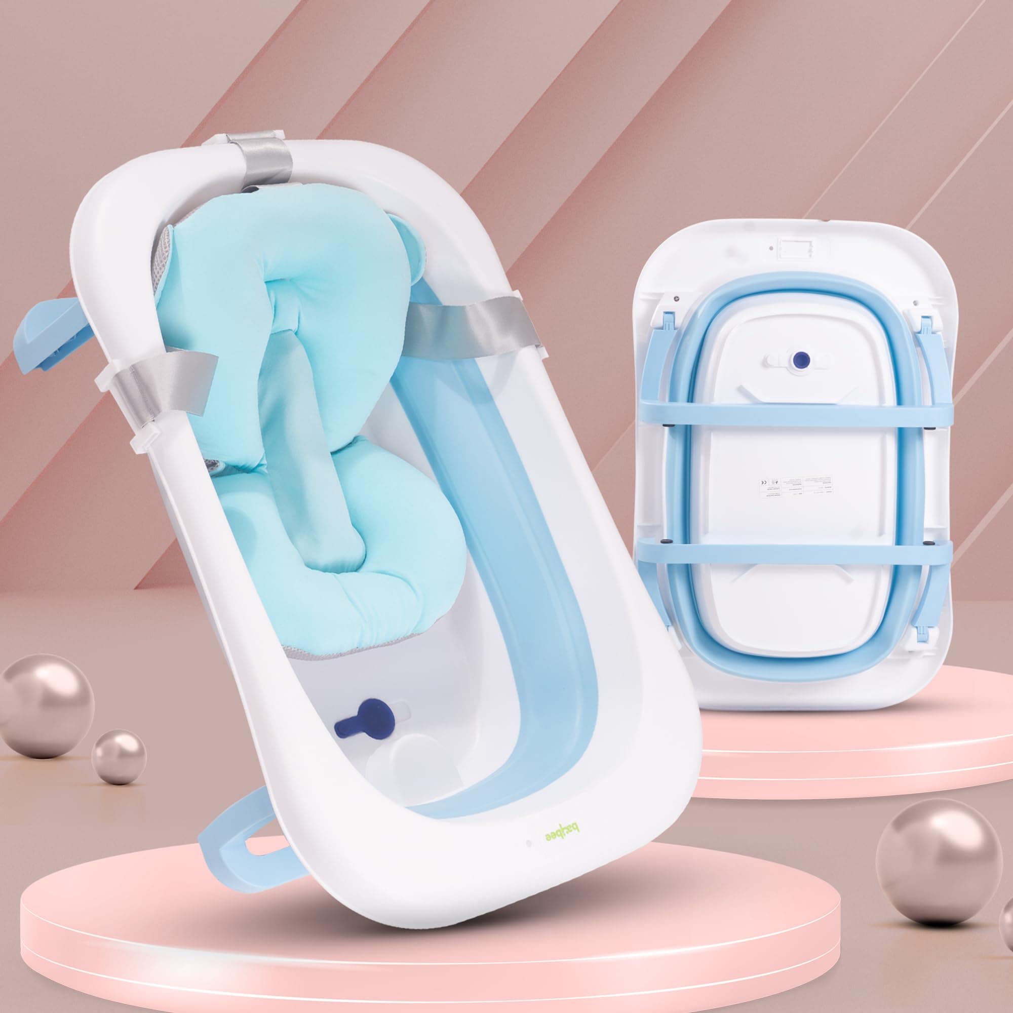 Baybee Kids Bath Tub for Baby Mini Swimming Pool for Kids, Foldable Bathtub for Baby with Anti Skid Base, Support Cushion & Drainer | Baby Bath tub for Kids 0 to 3 Years Boy Girl (Loria, Blue)