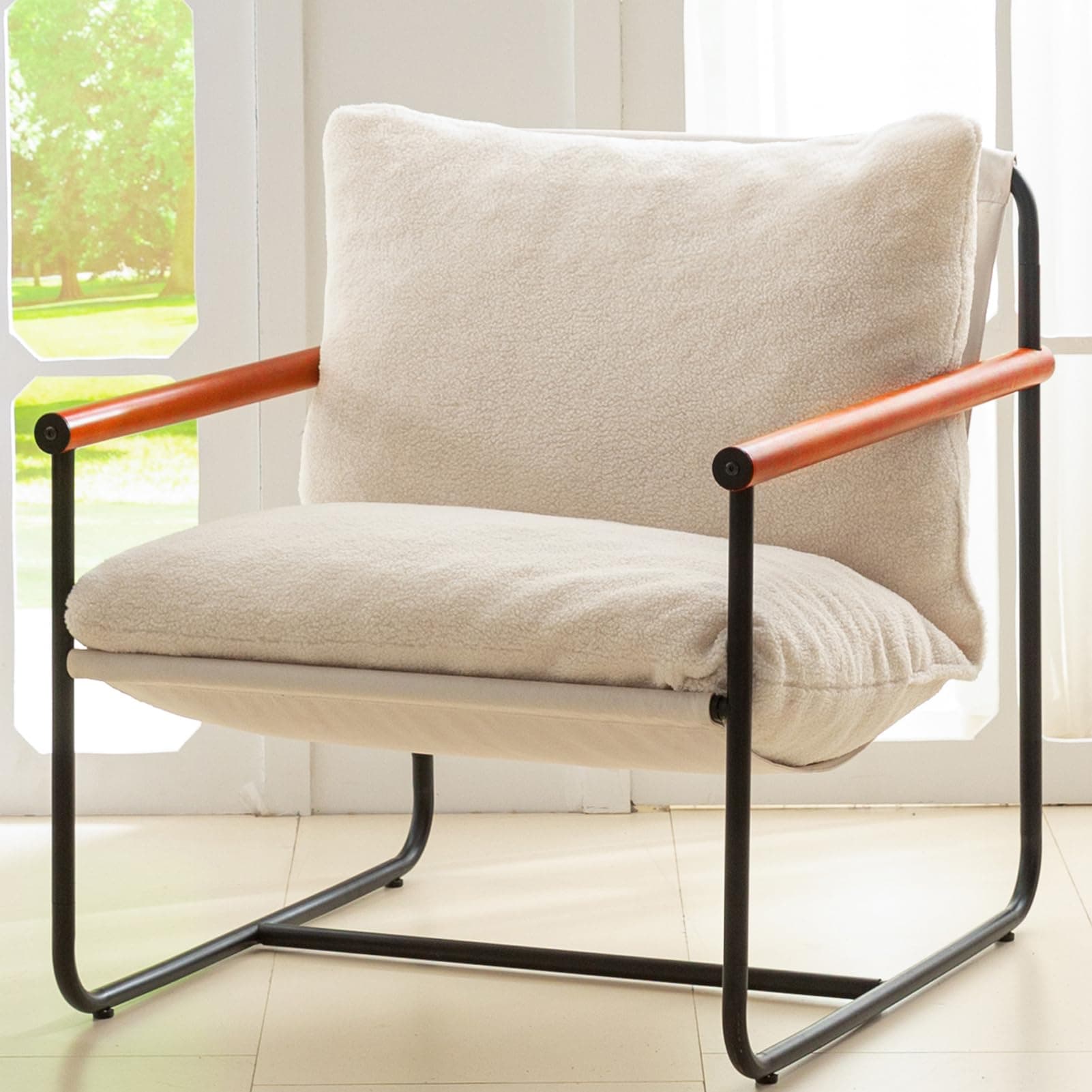 HIGOGOGO Modern Accent Chair, Living Room Chair with Wood Armrests, Shredded Foam Cushion, and Sturdy Metal Frame Reading Chair, BeigeThe Forest Stewardship Council