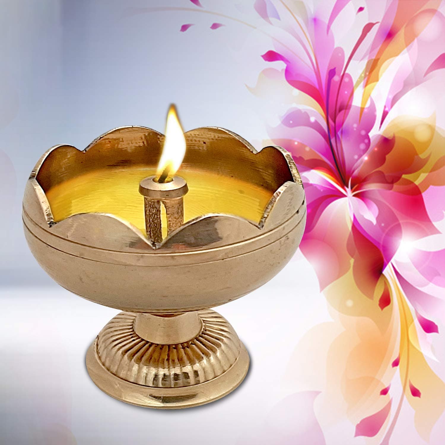 ROLIMOLI Flower Design Brass Diya Puja Deepak Oil Lamp (Height 4 cm, Diameter 4.5 cm) -Set of 2