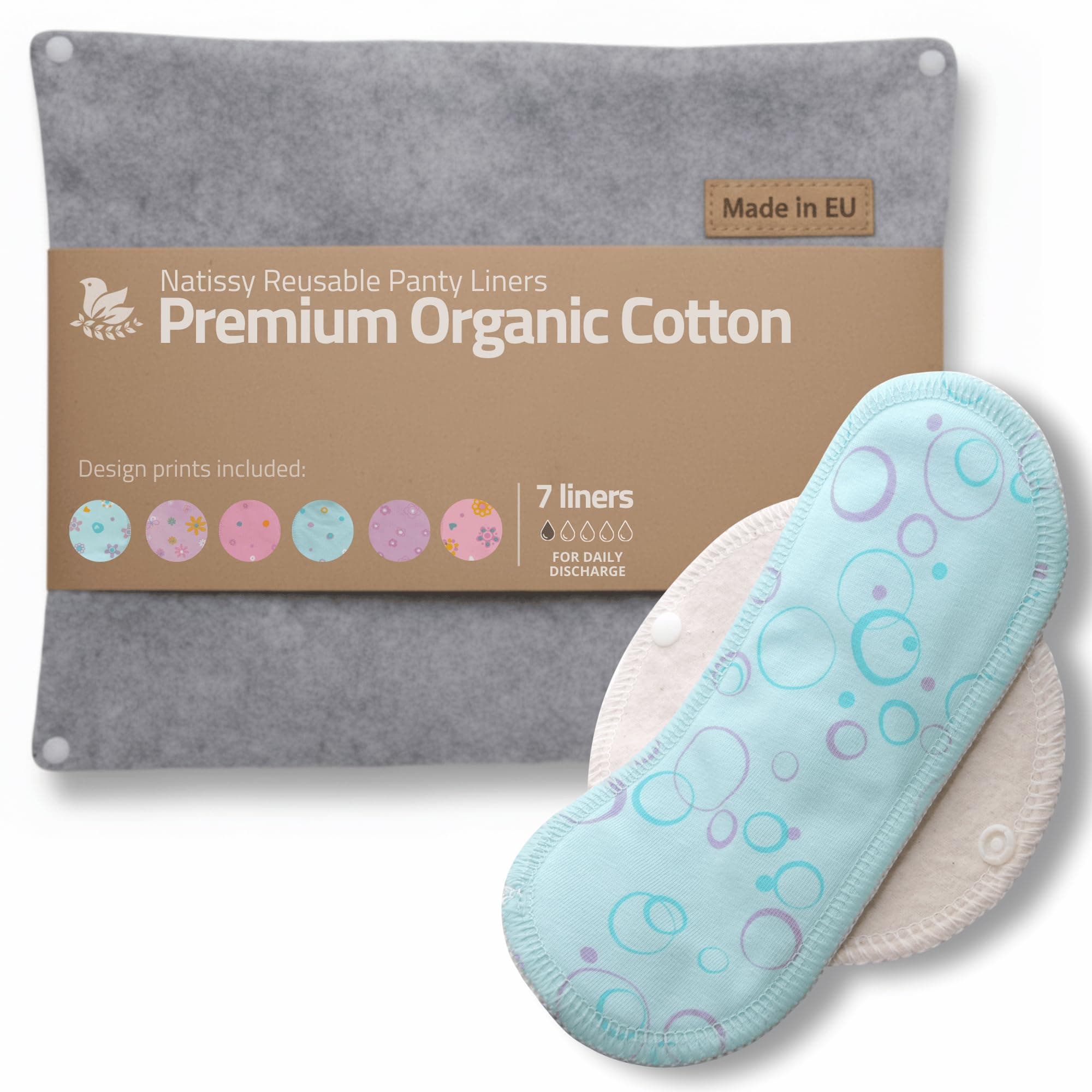 Natissy Cloth Panty Liners for Women; 7-Pack (Small) Daily Organic Cotton Reusable Panty Liners Made in EU; Panty Liners Washable for Women & Teens; Thin Sanitary Reusable Liners, NOT for Period.