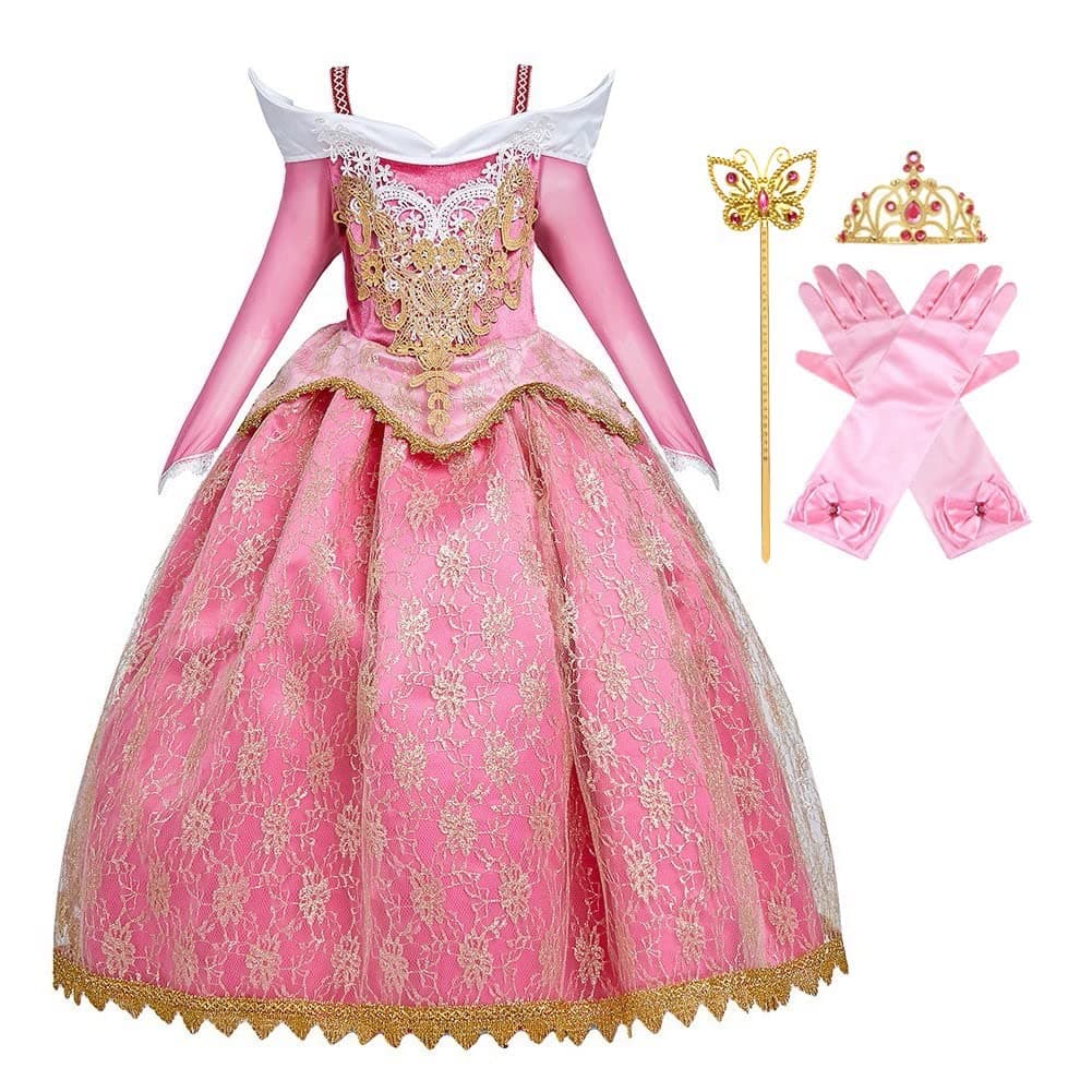 Girls Aurora Princess Dress Sleeping Beauty Fancy Dress Up Halloween Christmas Birthday Party Gown (w/Accessories)