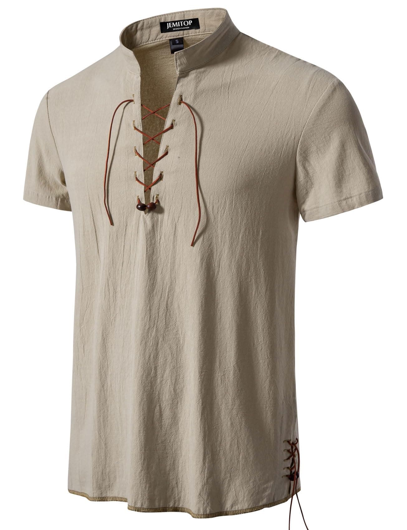 Men's Pure Cotton Vintage Short Sleeve Lace Up Shirts for Renaissance Pirate Viking Medieval Costume