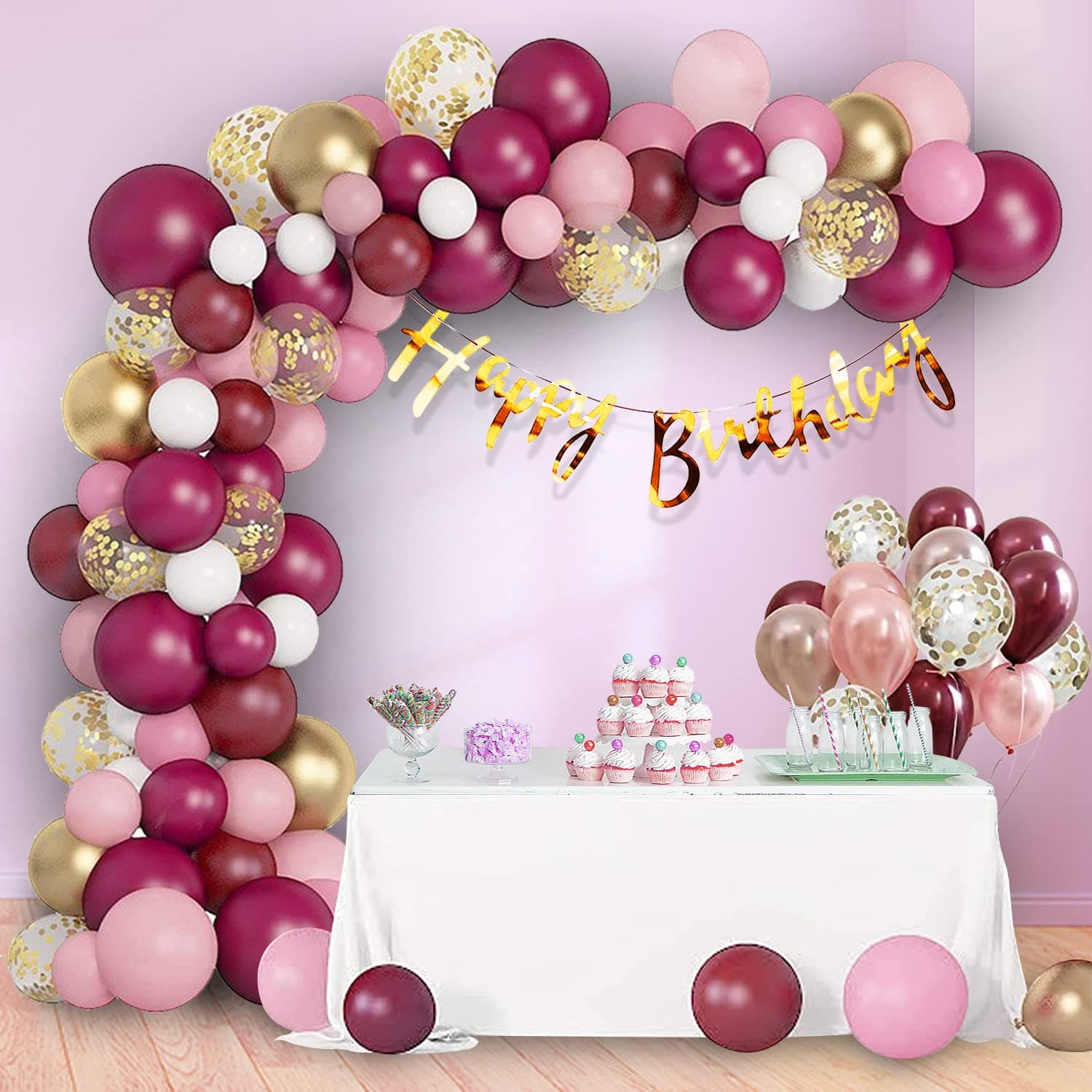 Happy Birthday Decoration Items for Girls-63Pcs Burgundy Balloons for Decoration | Pink Birthday Balloons for Decorations | Birthday Decorations for Wife | Happy Birthday Banner(Cardstock)