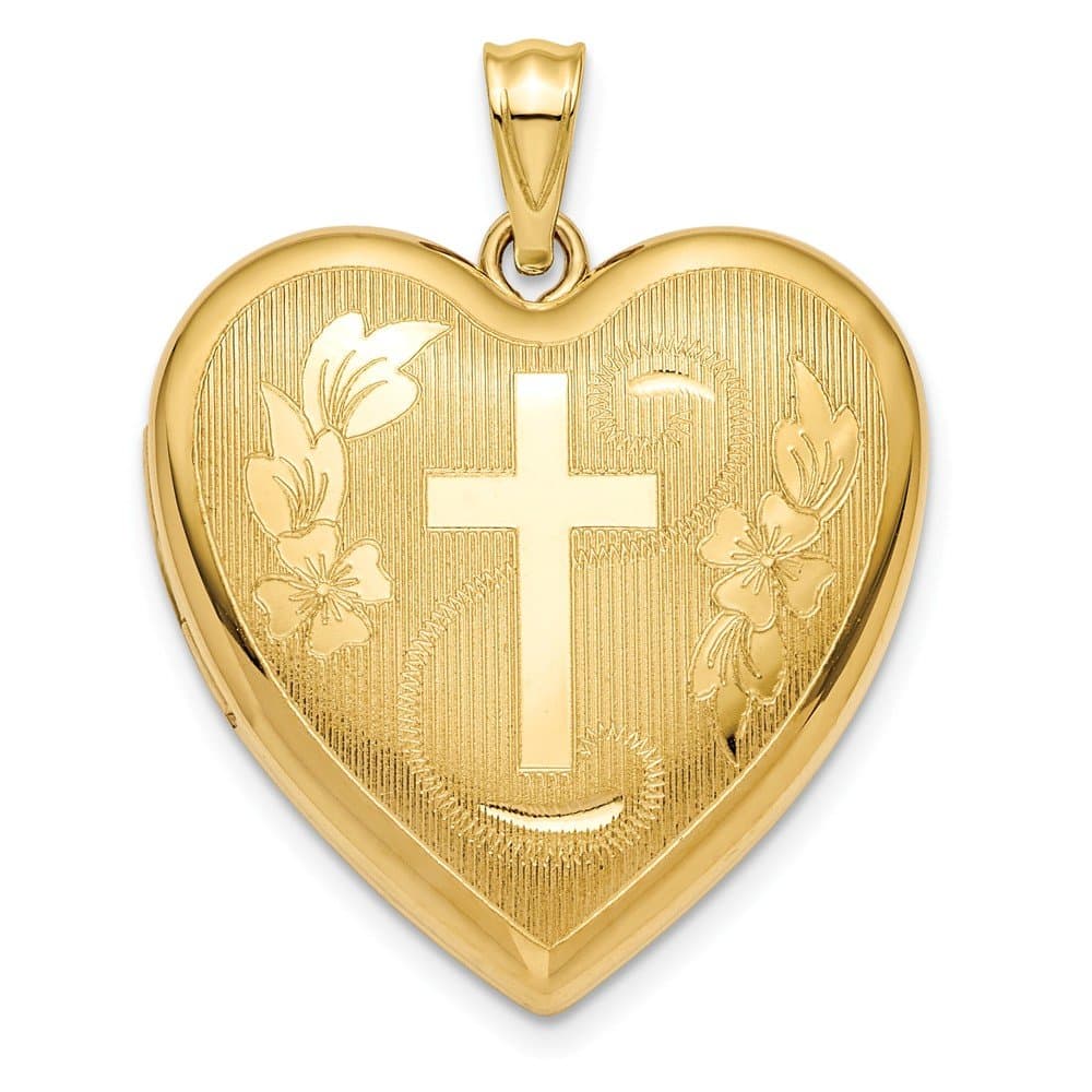 14k Yellow Gold 24mm Diamond-cut Cross Keepsake Memento Ash Holder Heart Locket Pendant
