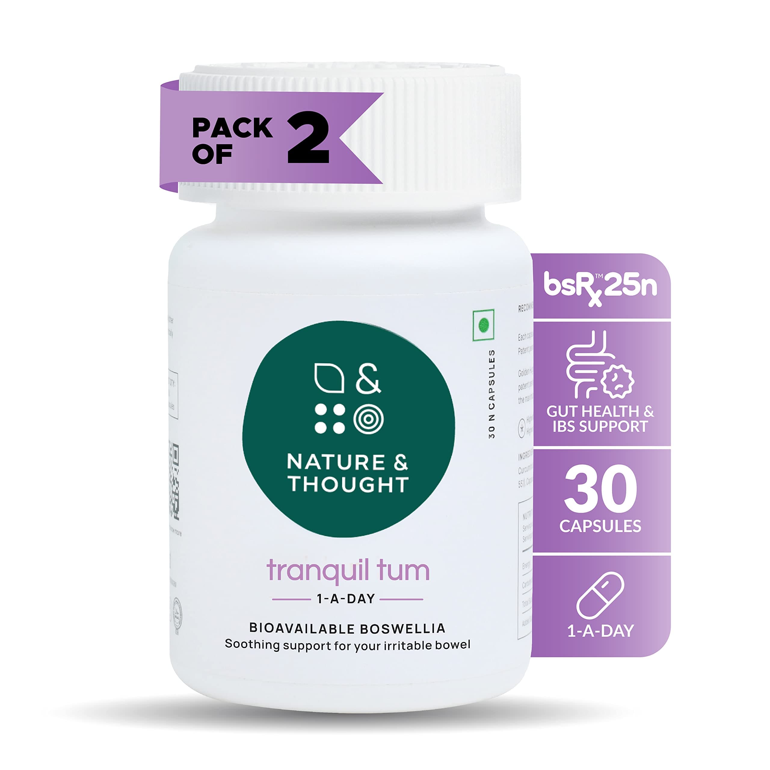 Boswellia Serrata (Shallaki) Capsules Gut Health supplement, IBS Support, Anti-Inflammatory with bsRx®, Clinically Tested Veg Tranquil Tum 1 A Day dose (30) (Pack of 2)