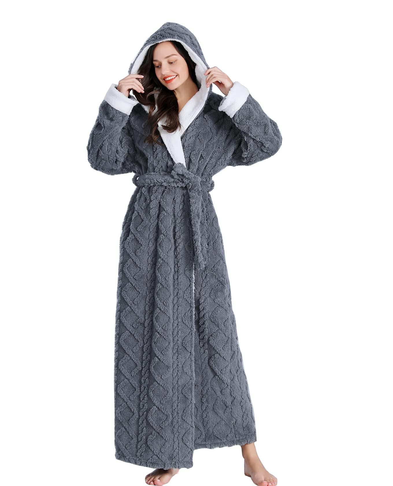 Hooded Robes for Women Long,Sherpa Trim Fleece Bathrobes With Hood Long Plush Soft Warm Winter Robes for Women