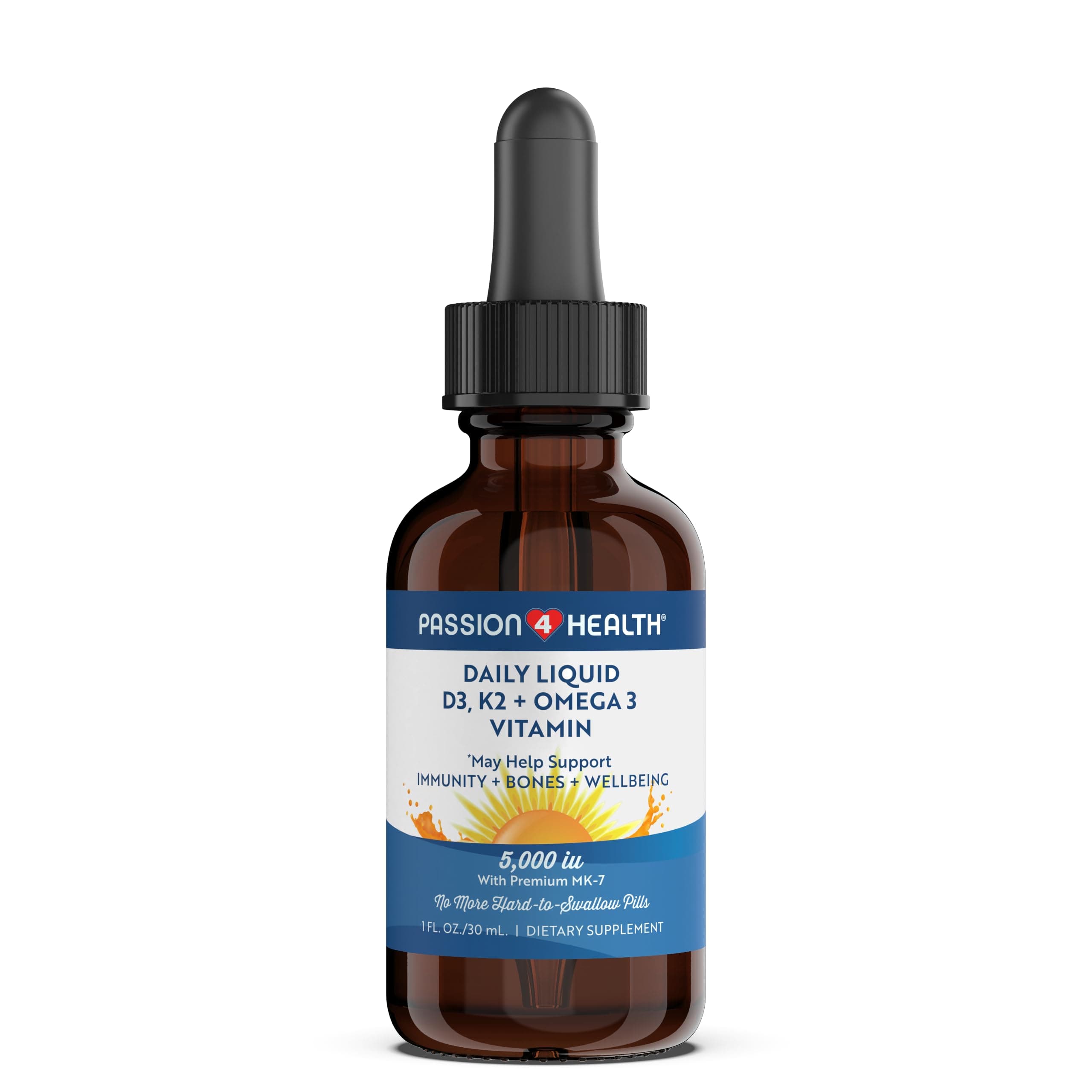 Passion 4 Health Organic Liquid Vitamin D3 K2 (Mk-7) + Omega 3 Supplement - Liquid Vitamin D Drops (5000IU) - Support for Healthy Bones and Muscles