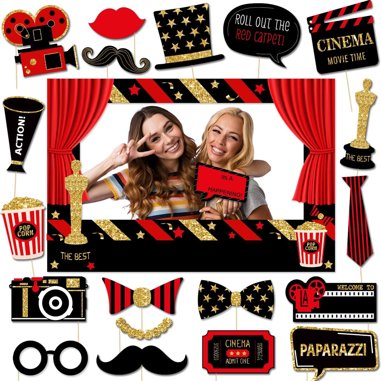Movie Night Theme Party Decorations Now Showing Photo Booth Props for Movie Theater Themed Red Carpet Birthday Party Favors Supplies, 21 Pieces