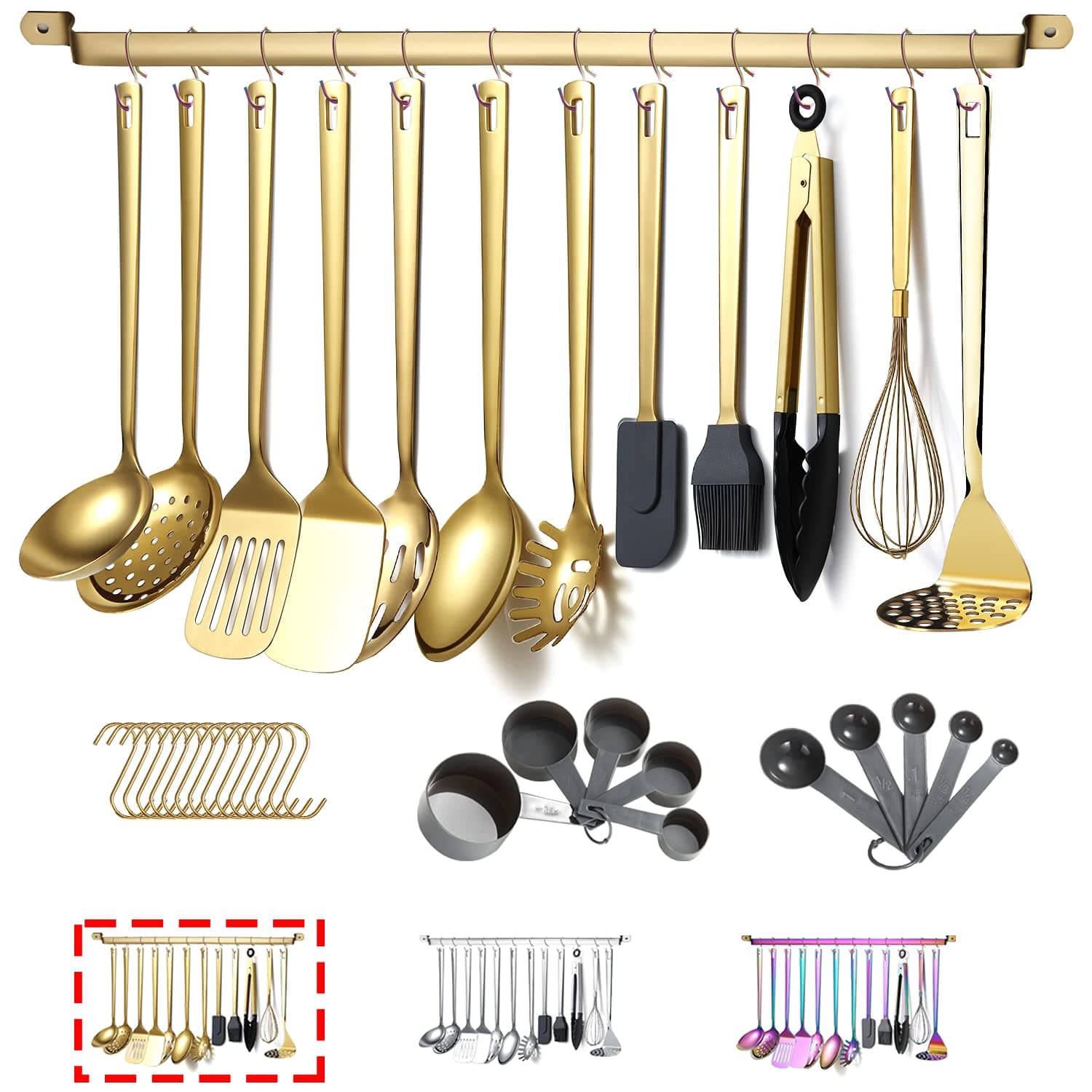 Gold Cooking Utensils Set,Kyraton Stainless Steel 37 Pieces Kitchen Utensils Set with Titanium Gold Plating,Kitchen Gadgets Cookware,Kitchen Tool Set with Utensil Holder. Dishwasher Safe