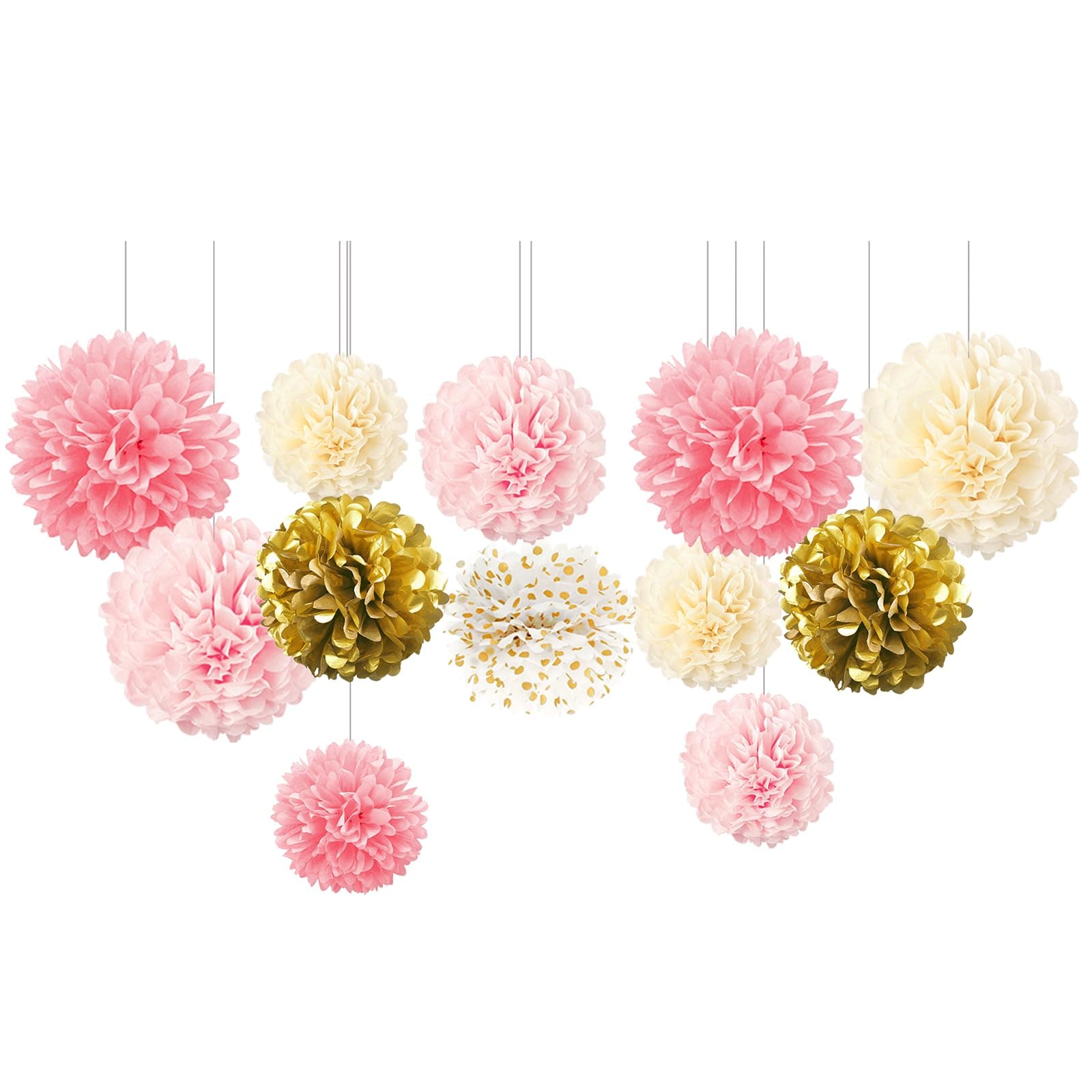 AOBKIAT Decorations Tissue Pom Poms Kit, 12 PCS Pink Gold Tissue Paper Flowers for Engagement Party Wedding Birthday Bridal Shower Bachelorette Baby Shower Ceiling and Party Backdrop Decor