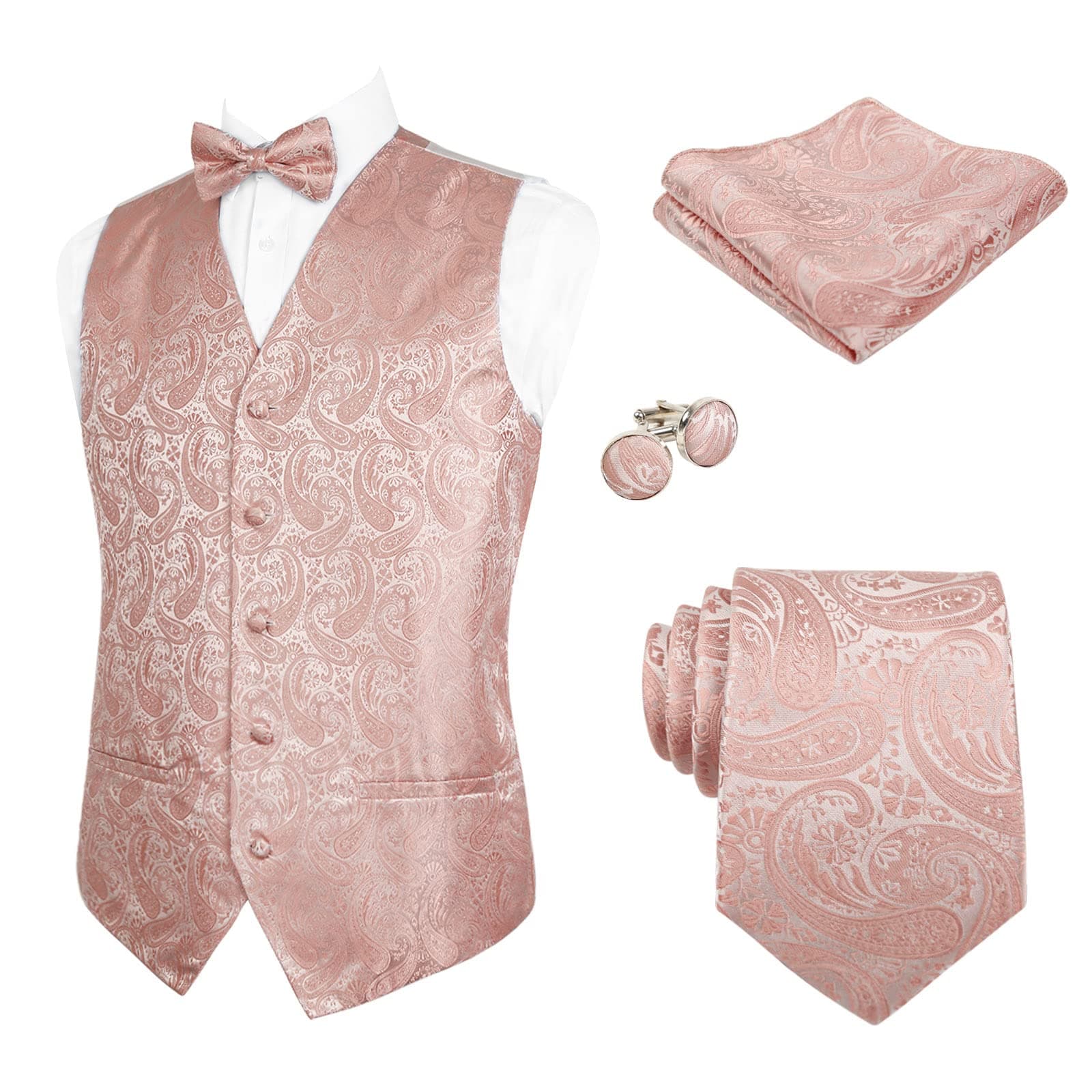 Mens 5pcs Paisley Suit Vest Classic Jacquard Button-Down Waistcoat Set