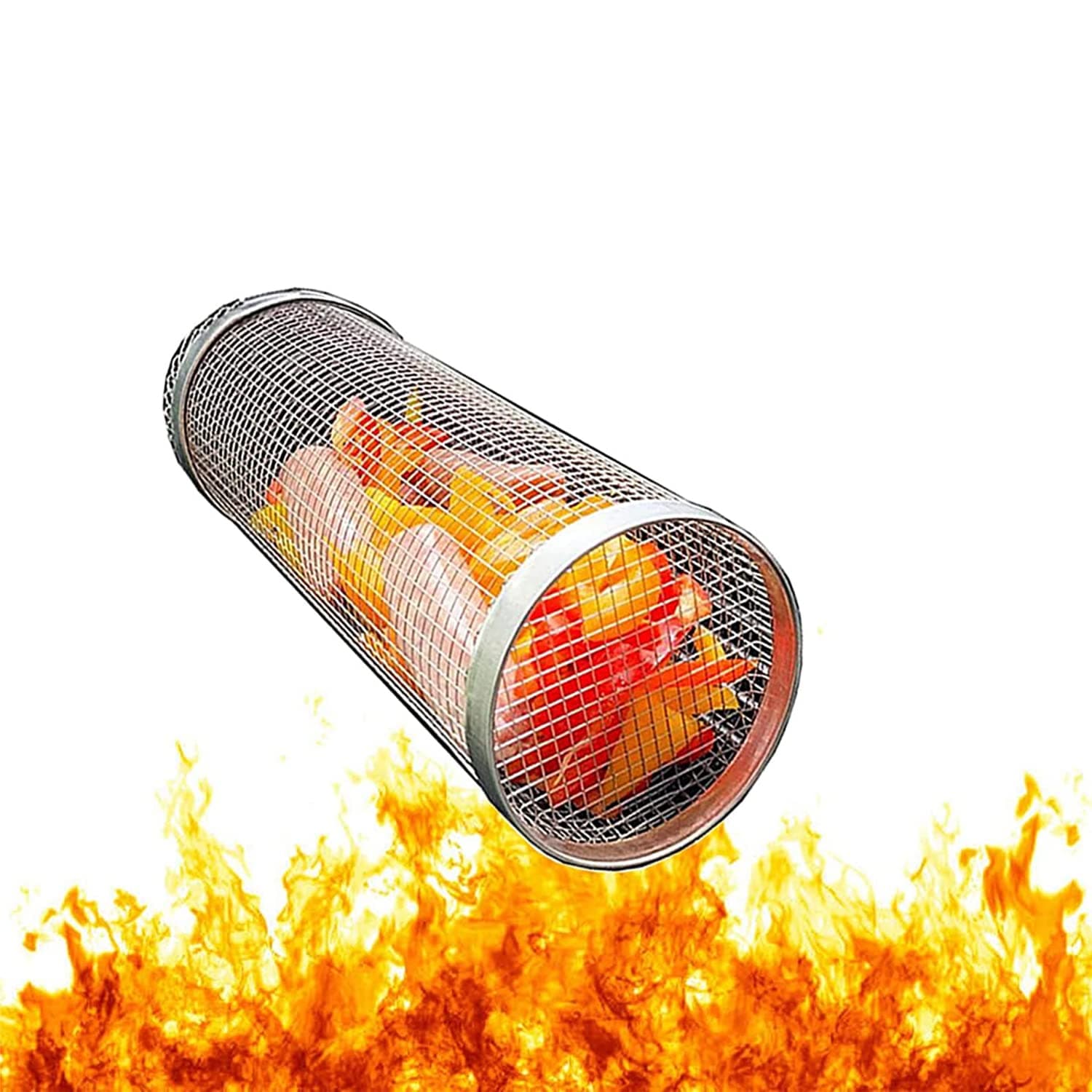 Rolling Grill Basket,Stainless Steel Wire Mesh Cylinder Grilling Basket, Portable Outdoor Camping Barbecue Rack for Vegetables,French Fries,Fish,Versatile Round Grill Cooking Accessories