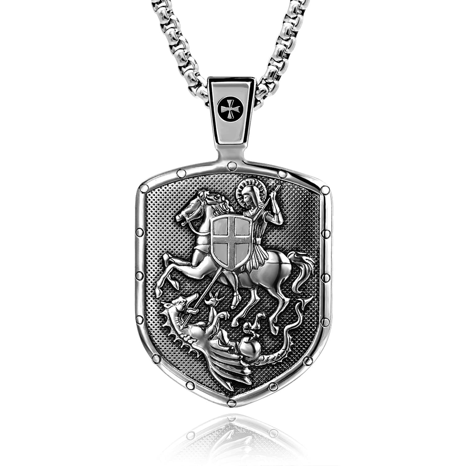 ST.George ON Horse Kills Dragon Shield Cross Medal Sterling 925 Silver Pendant