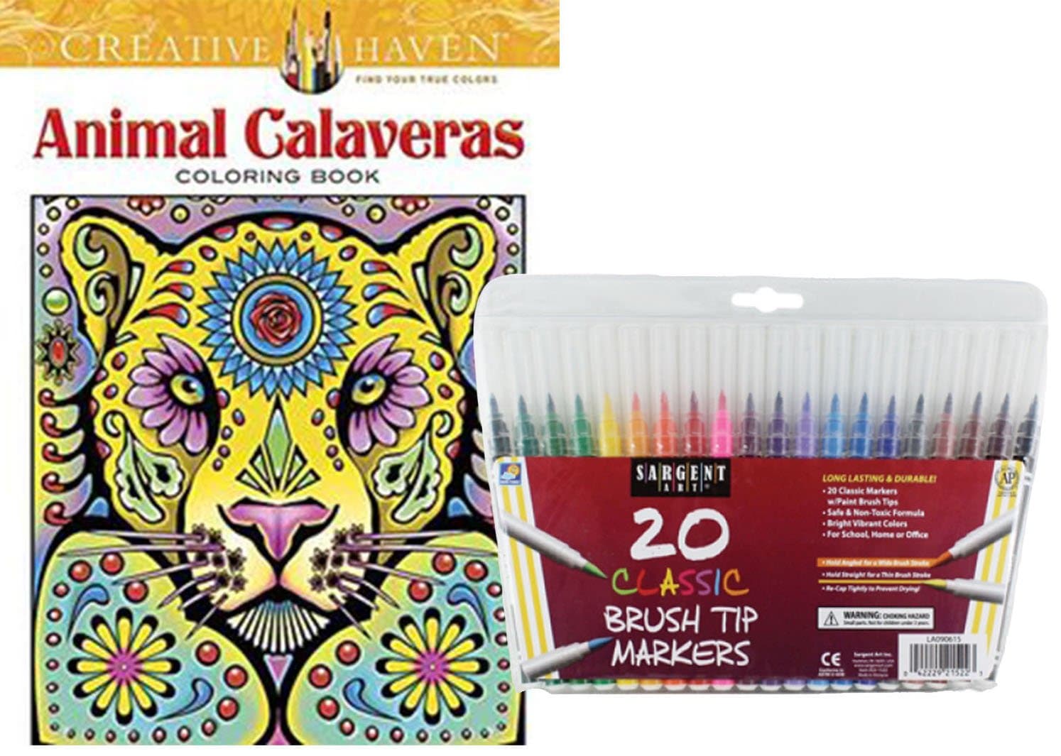 Dover Adult Coloring Book, Animal Calaveras and Sargent Art Firm Brush Tip Markers in a Case, Set of 20: Stress Relieving, Elaborate Wild Creatures to Color and Enjoy!