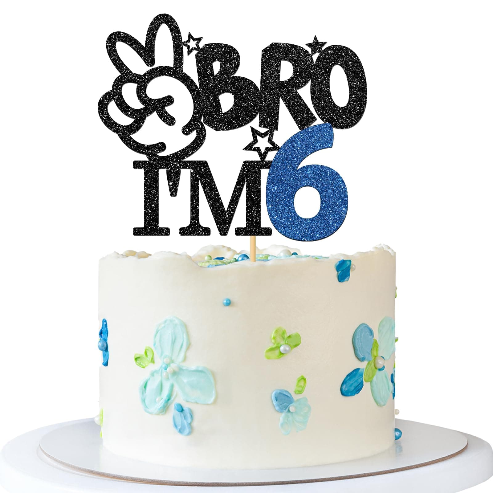 Brother I'm 6 Cake Topper - Boy 6th Birthday Cake Supplies - Six Years Old - Big Brother 6th Birthday Party Decoration - Black Glitter