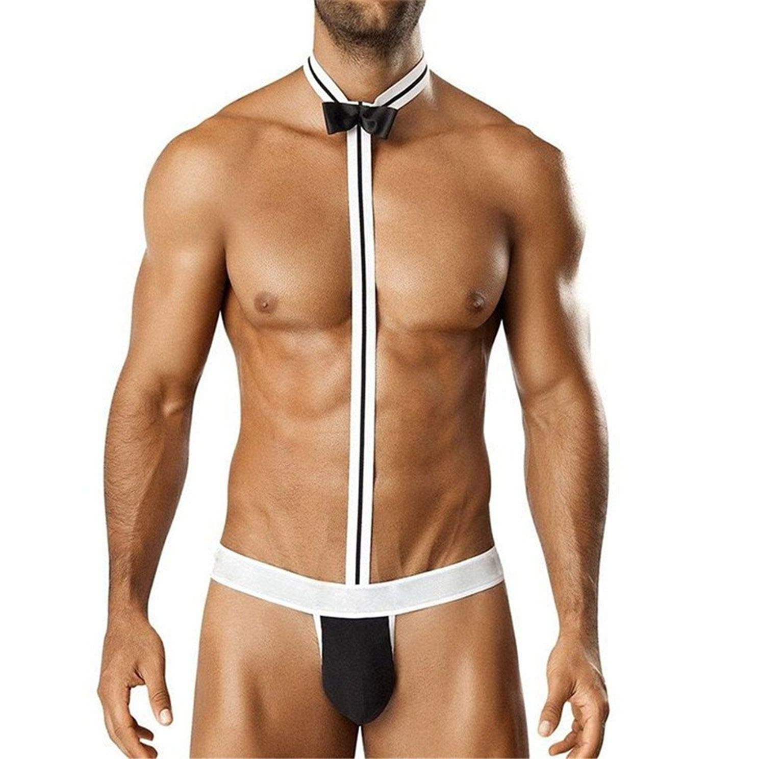 Men's Sexy Collared Bow Tie Bodysuit Thong Butler Teddy Costume Underwear