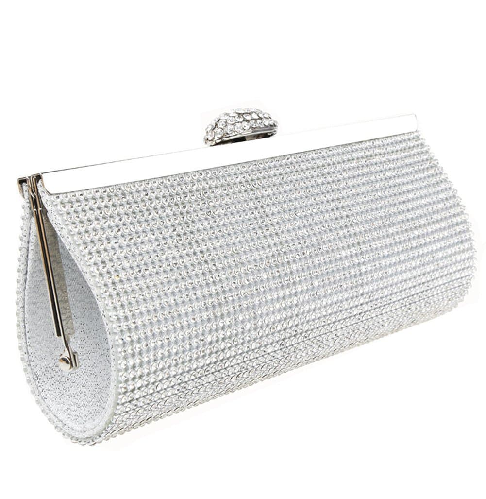 Womens Elegant Rhinestone Clasp Flap Purse Evening Bridal Prom Clutch Bag (Silver)