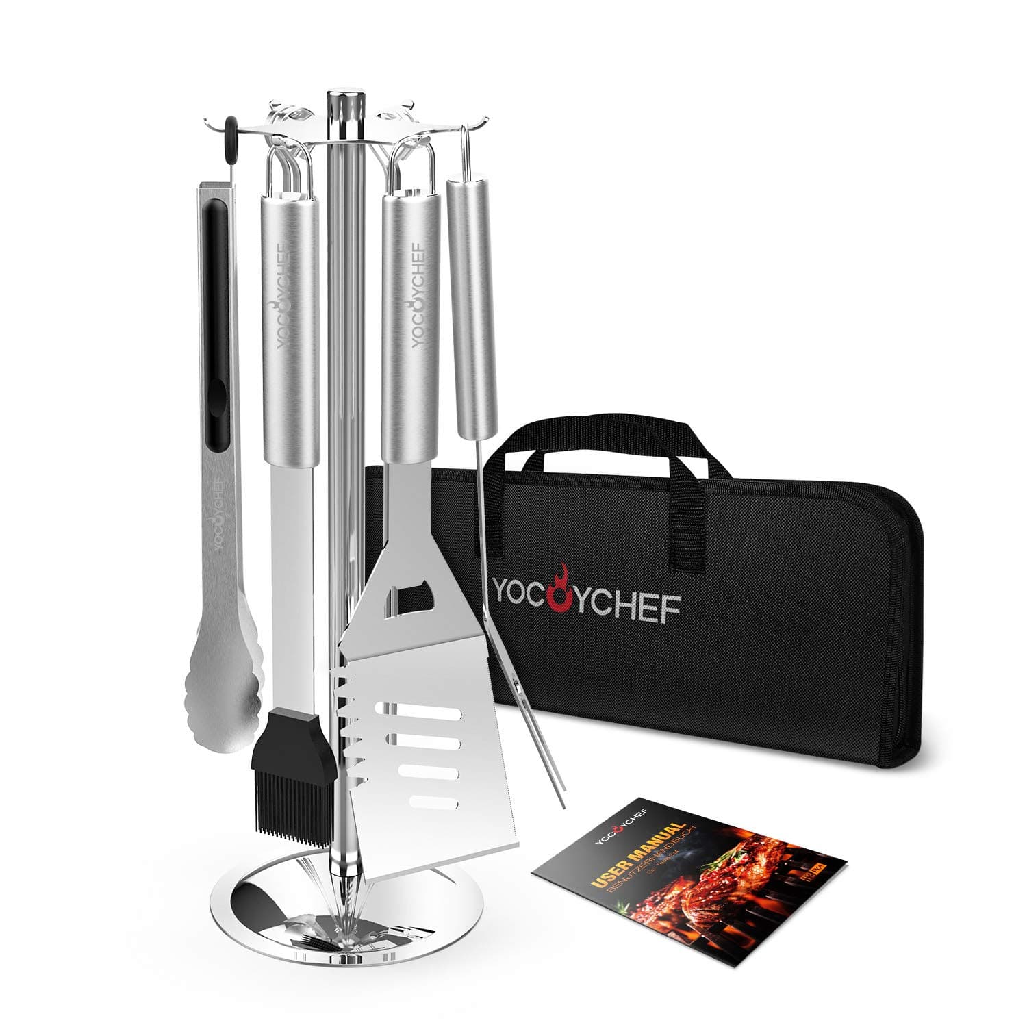 YOCOYCHEF Grill Tools Set - Carousel Stainless Steel BBQ Grilling Accessories with Stand - 13-Piece Heavy Duty Barbecue Tool Utensils in Gift Case for Men, Dad, Women