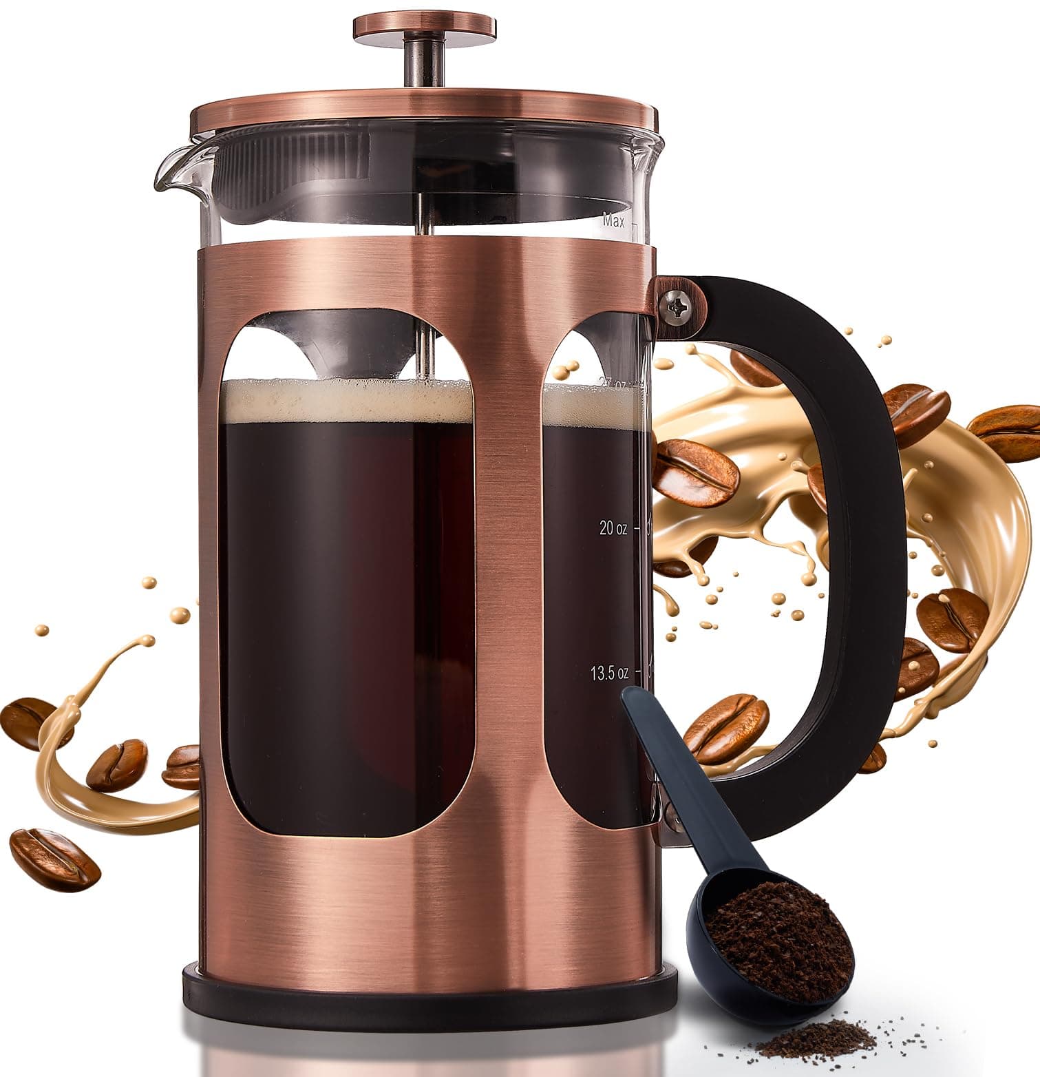 BAYKA 34oz 1 Liter French Press Coffee Maker, Coffee Lover Gifts Basket Set, Heat Resistant Thickened Borosilicate Glass Stainless Steel Brewer, Cold Brew Cafetera Teapot for Kitchen, Copper