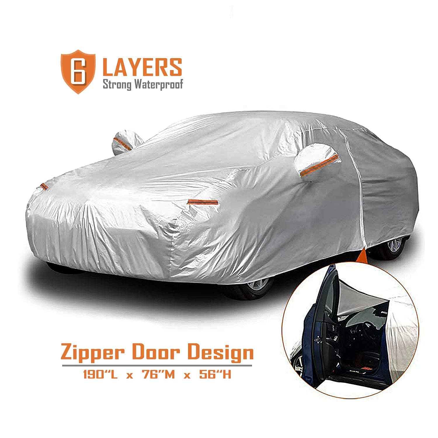 Car Cover, Universal Full Car Covers with Zipper Door, 6 Layers All Weather Protection Waterproof/Windproof/Scratch Resistant/Reflective Strips for Sedan Wagon Use (186" - 190")