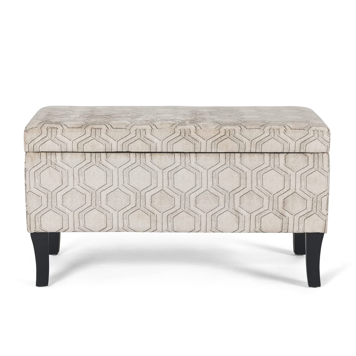 Adeco 32 inch Rectangular Storage Ottoman Bench, 3D Hexagon Pattern Upholstered Ottoman Foot Rest, Fabric Ottoman Bench with Wooden Legs for Living Room, Entryway or Bedroom